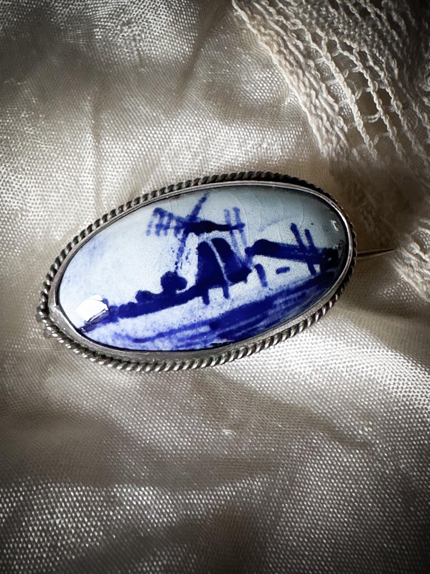 Antique Silver Delft brooch