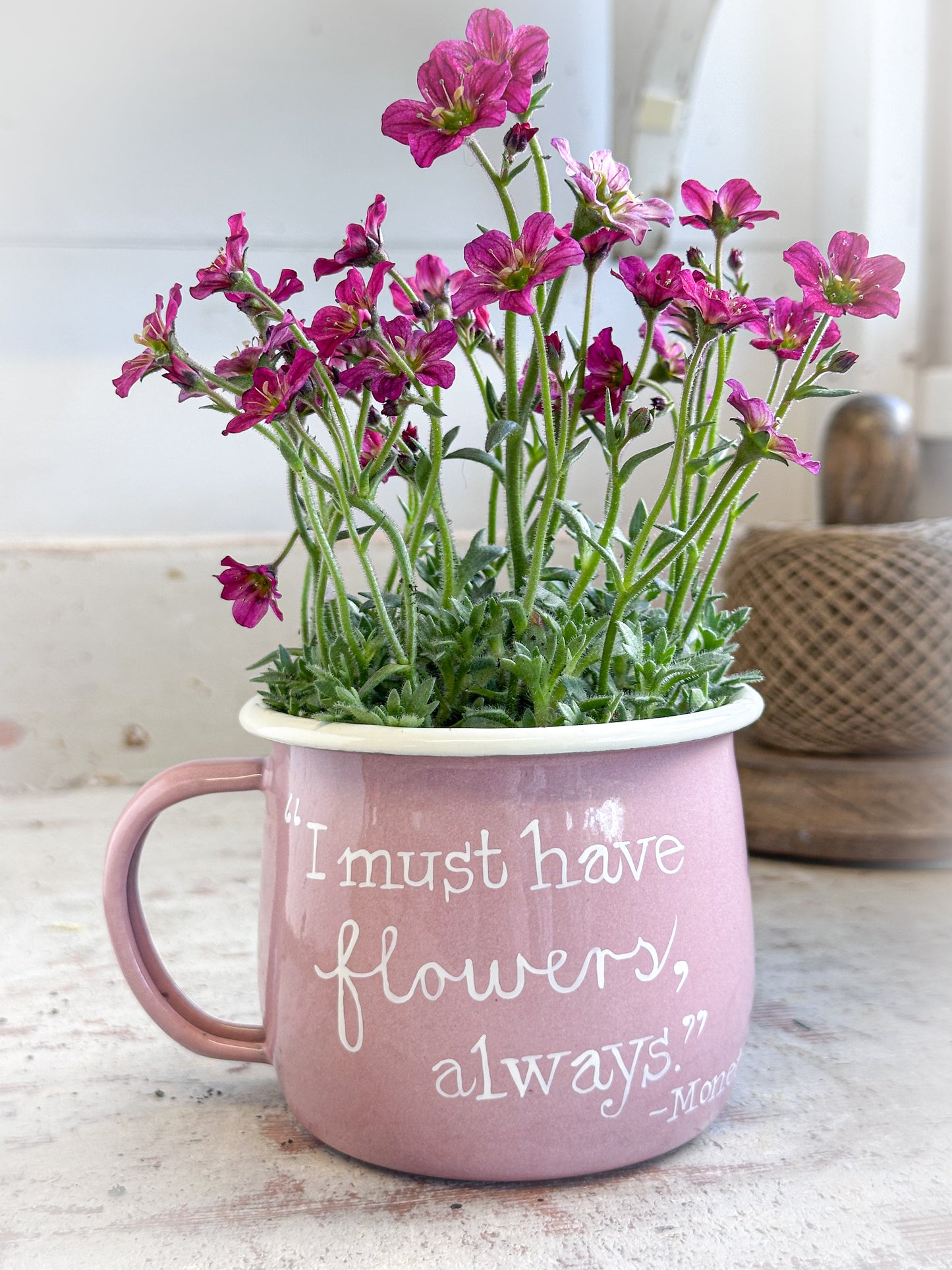 A Pink Enamel Belly Mug Planter “I Must Have Flowers” - Monet Quote