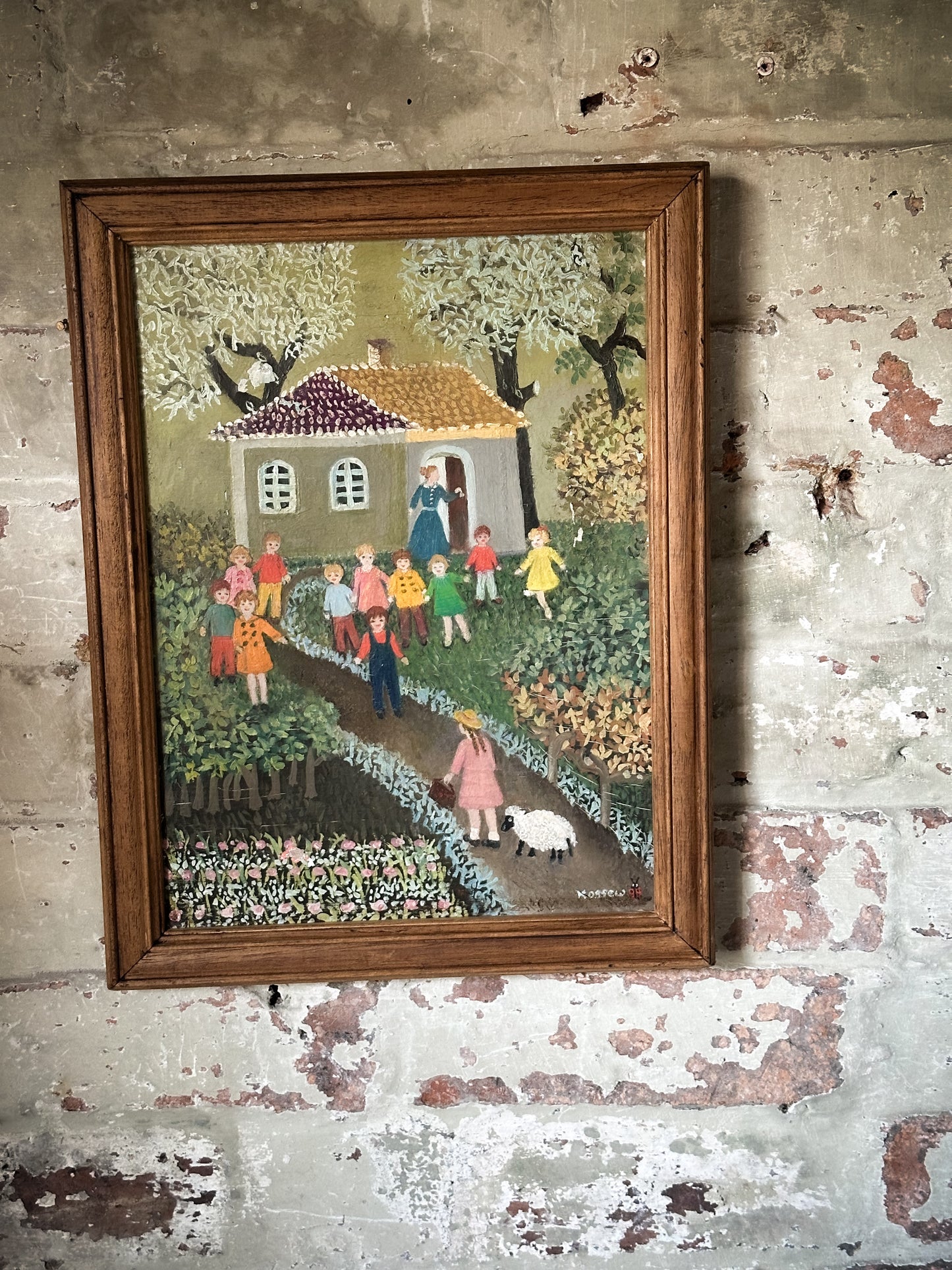 A Wonderful Vintage Naive Oil on Canvas Painting of a Nursery Rhyme “Mary Had a Little Lamb”