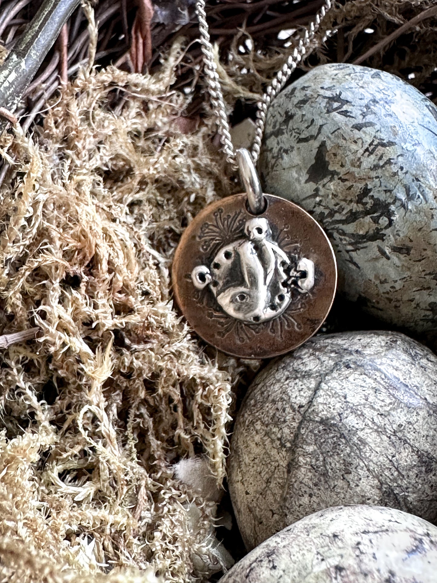 Moon Garden Rabbit Necklace – Fine Silver on Hand-Stamped Copper