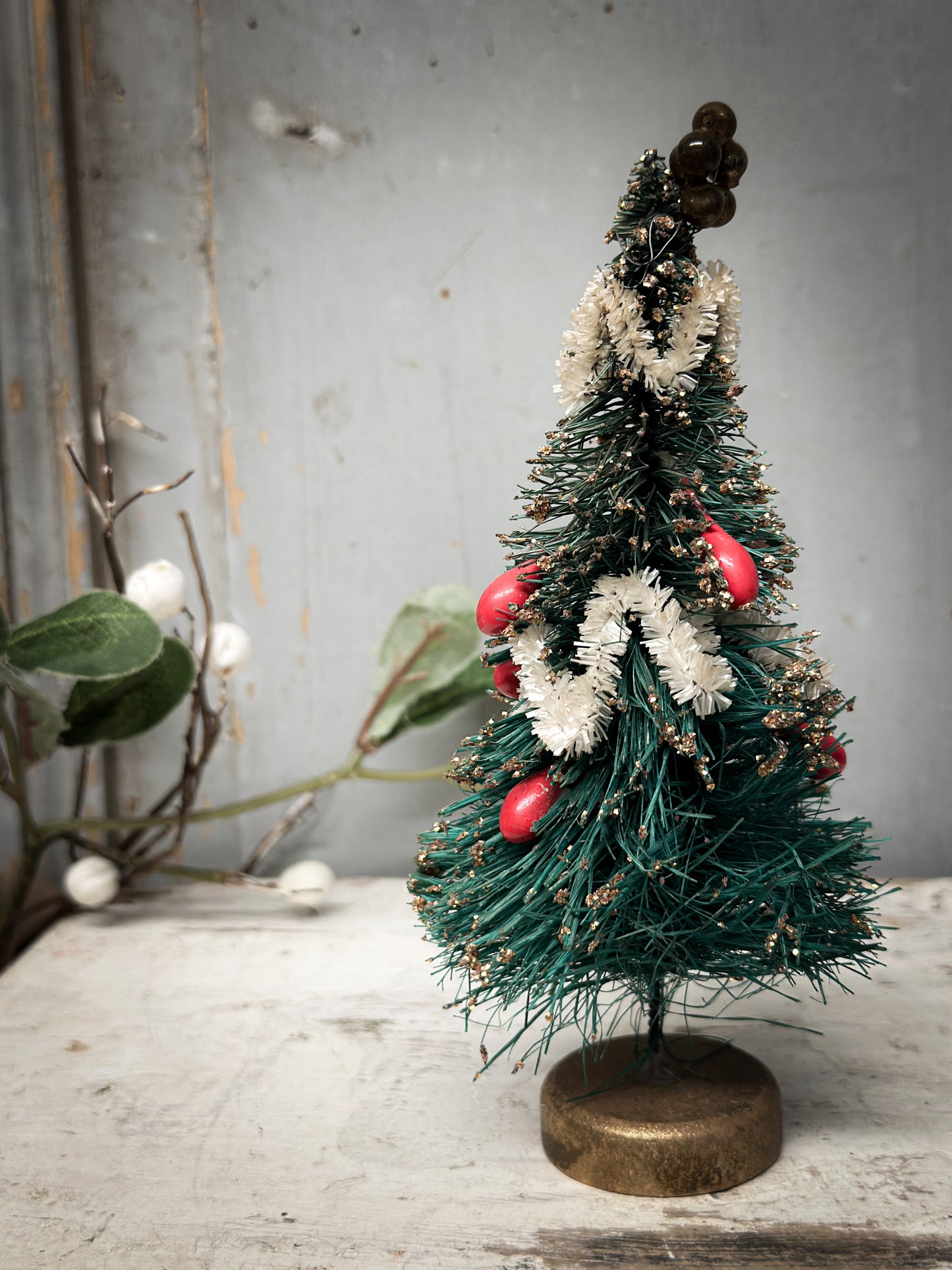 A Pair of Mid-Century Japanese Bottle-Brush Christmas Trees with Baubles – c.1950s–60s