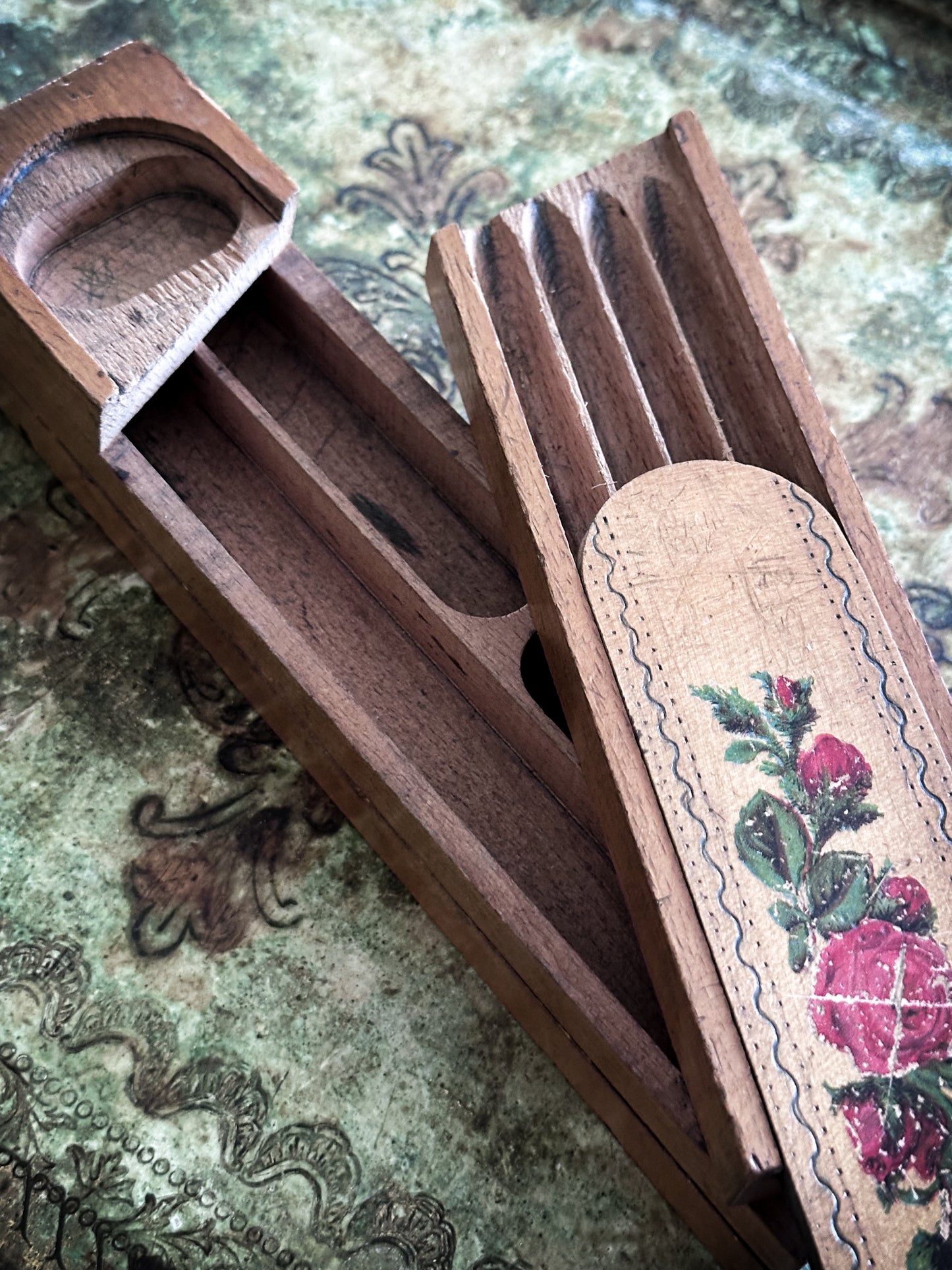 Vintage Wooden School Pencil Case with Roses