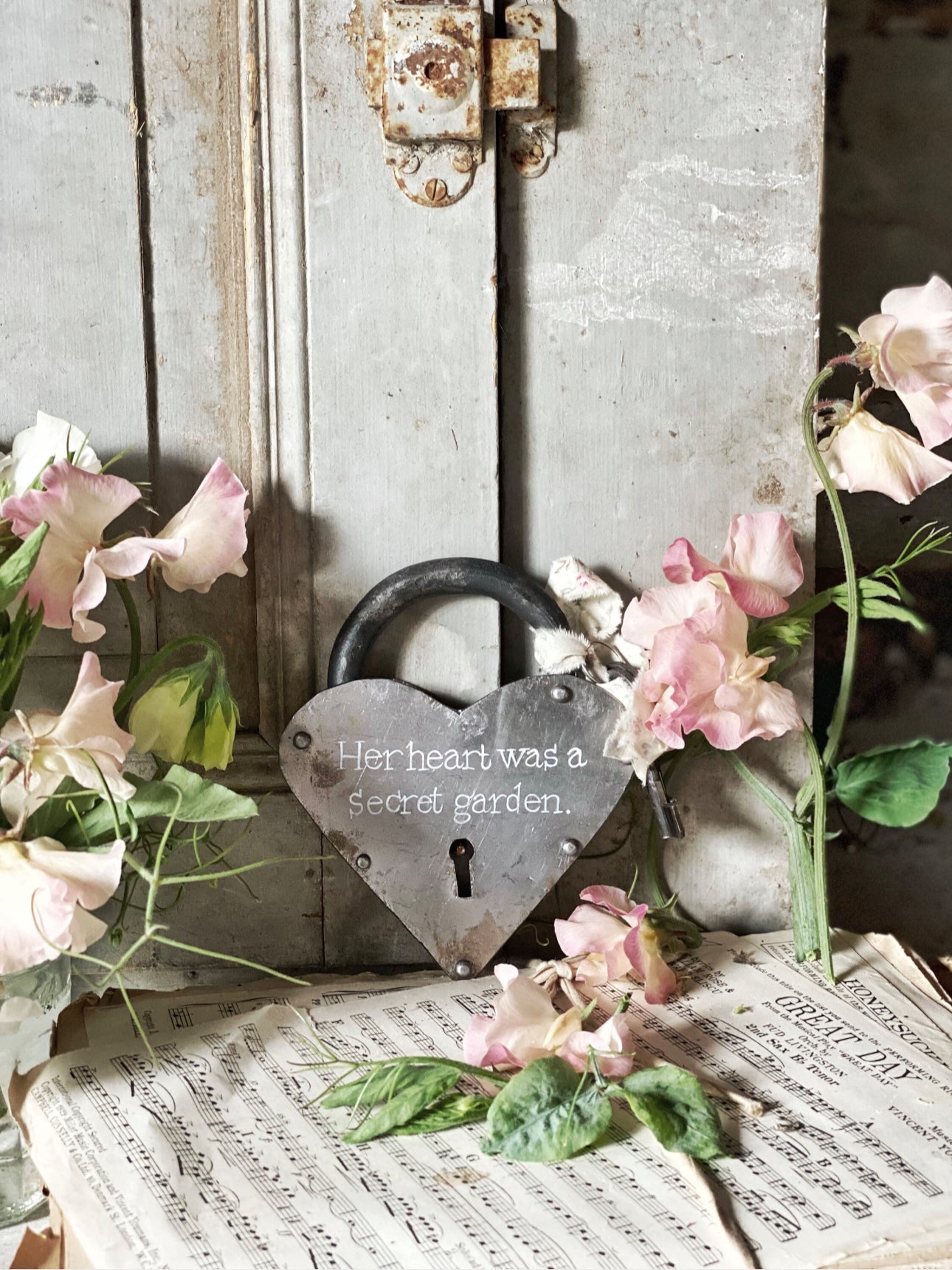 A beautiful hand painted rustic heart iron padlock with keys  "Her heart was a secret garden." A unique Valentine’s Day gift