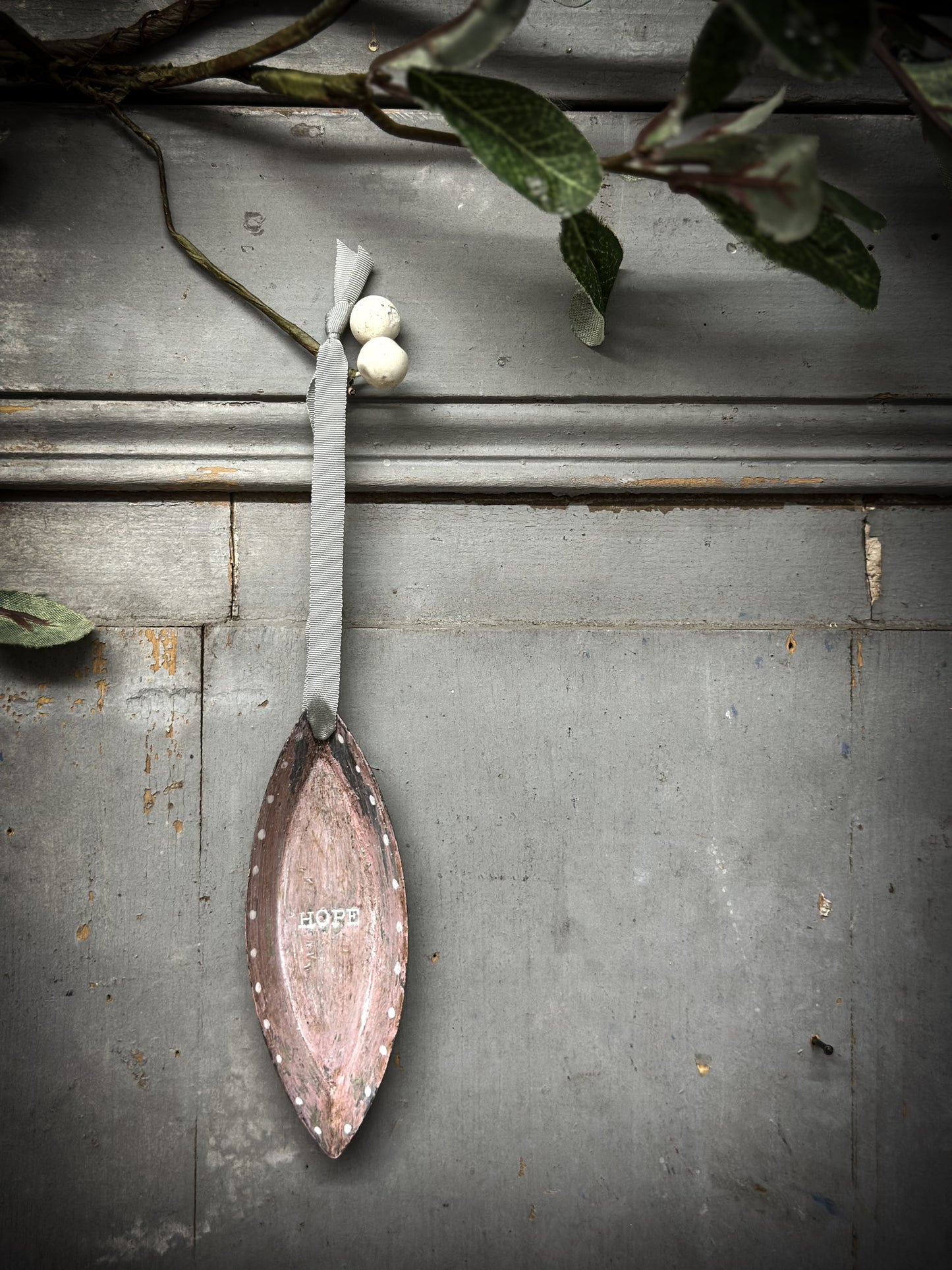 A Reworked French Patisserie Tin Christmas Decoration Stamped and Painted “Hope”