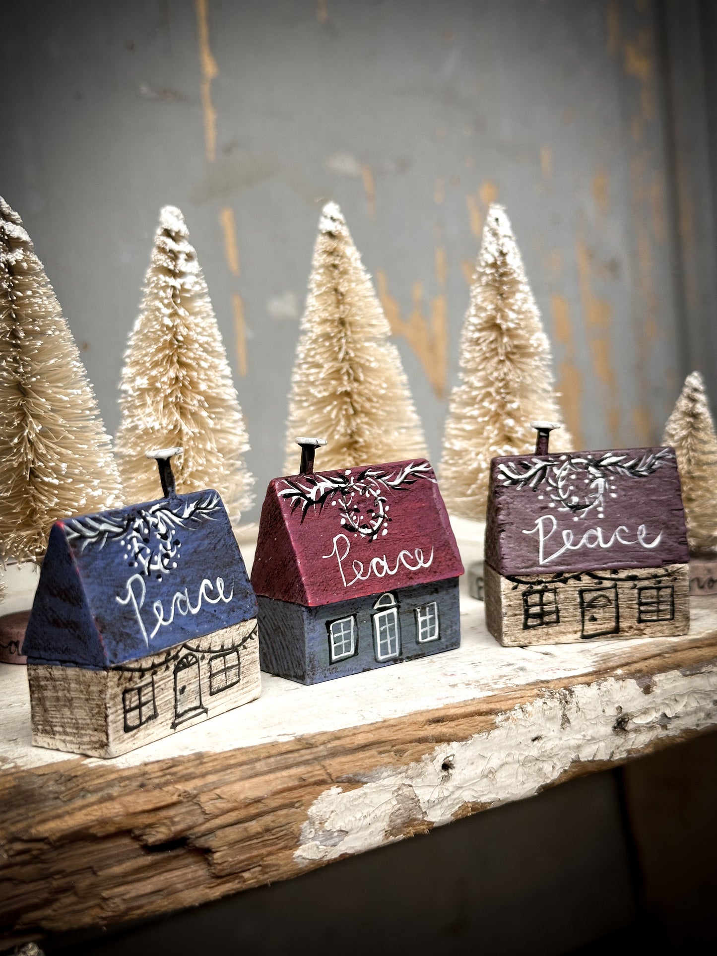 A small Vintage German Erzgebirge Putz Wooden Village House “Peace”