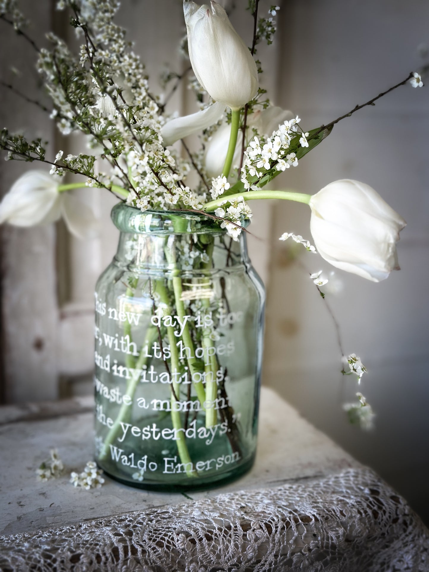 A beautiful large Victorian preserve jar painted with a quote “This new day”