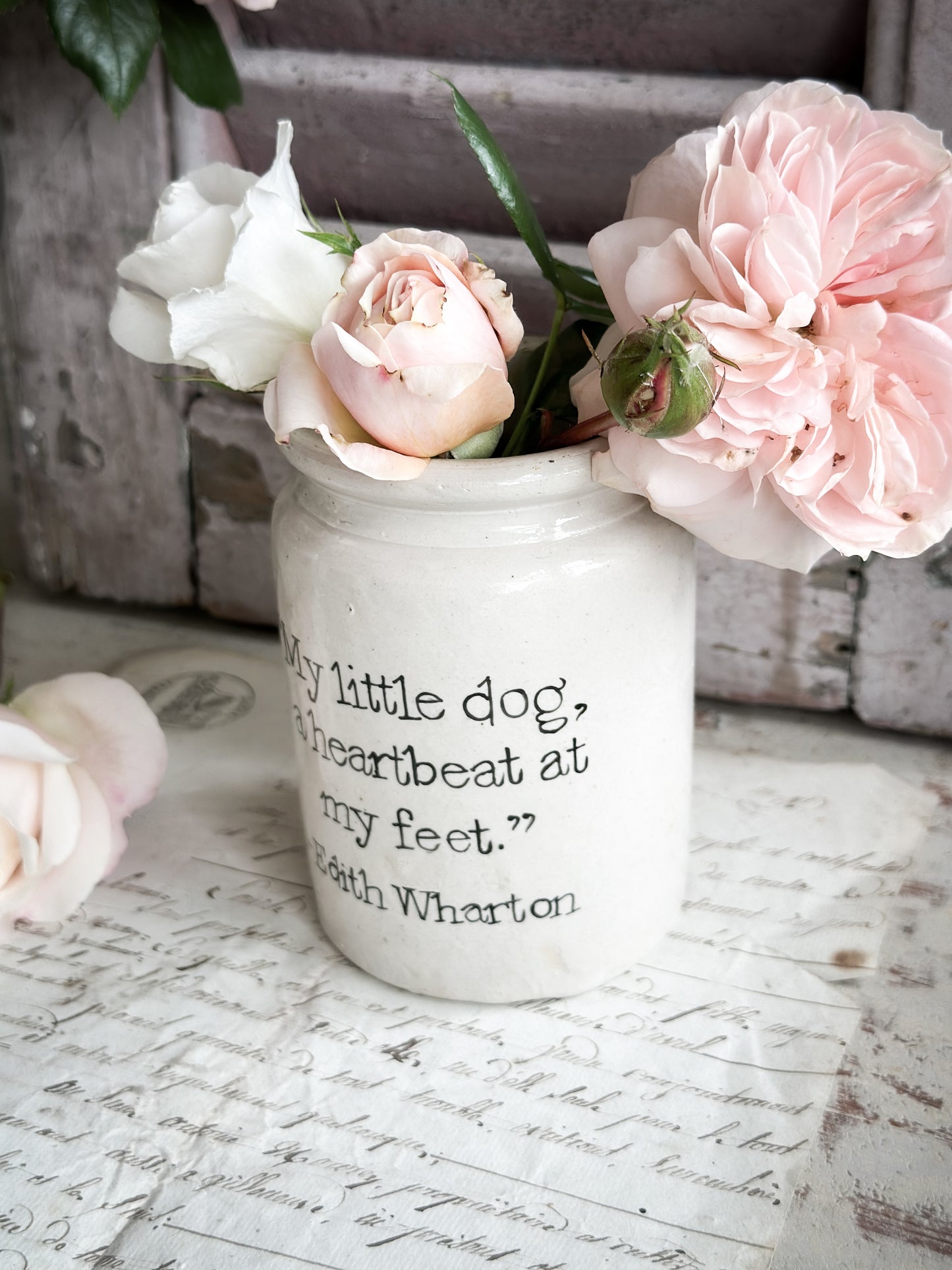 A Victorian unearthed  stoneware pottery Jar with a hand painted quote