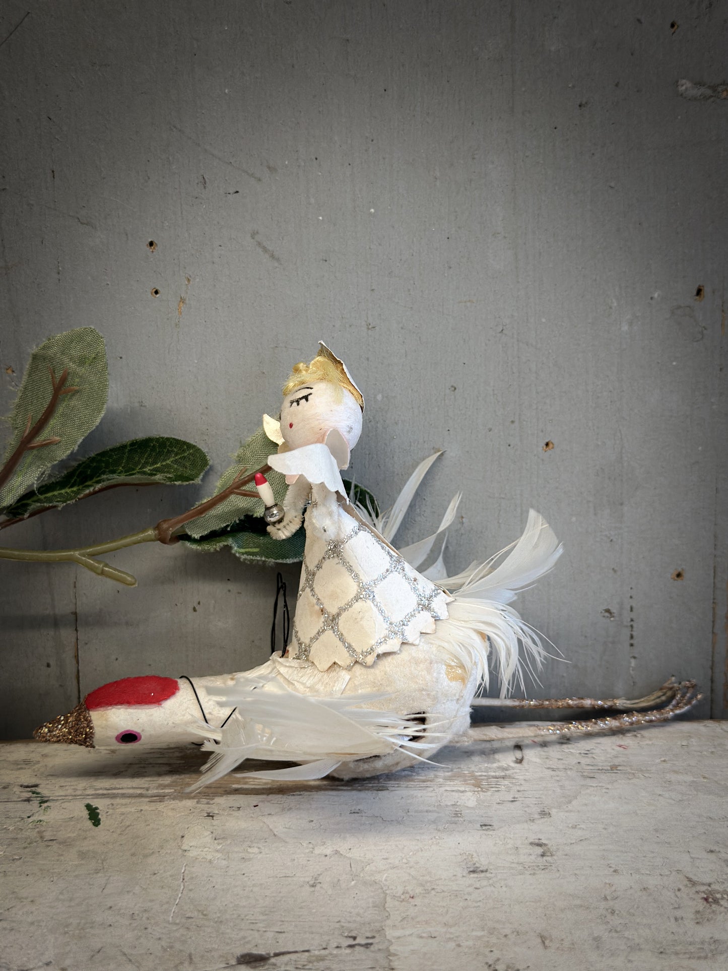 Mid-Century Japanese Spun-Cotton Angel Riding a Goose – Feather Wings & Mica Glitter – c.1950s–60s