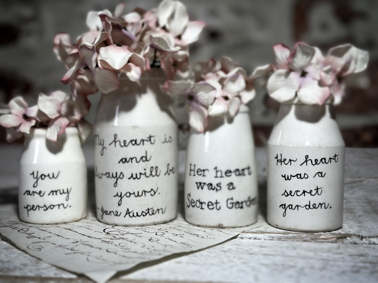 An Antique Creamery Vase Bottle with a Hand Painted Inspirational Quote