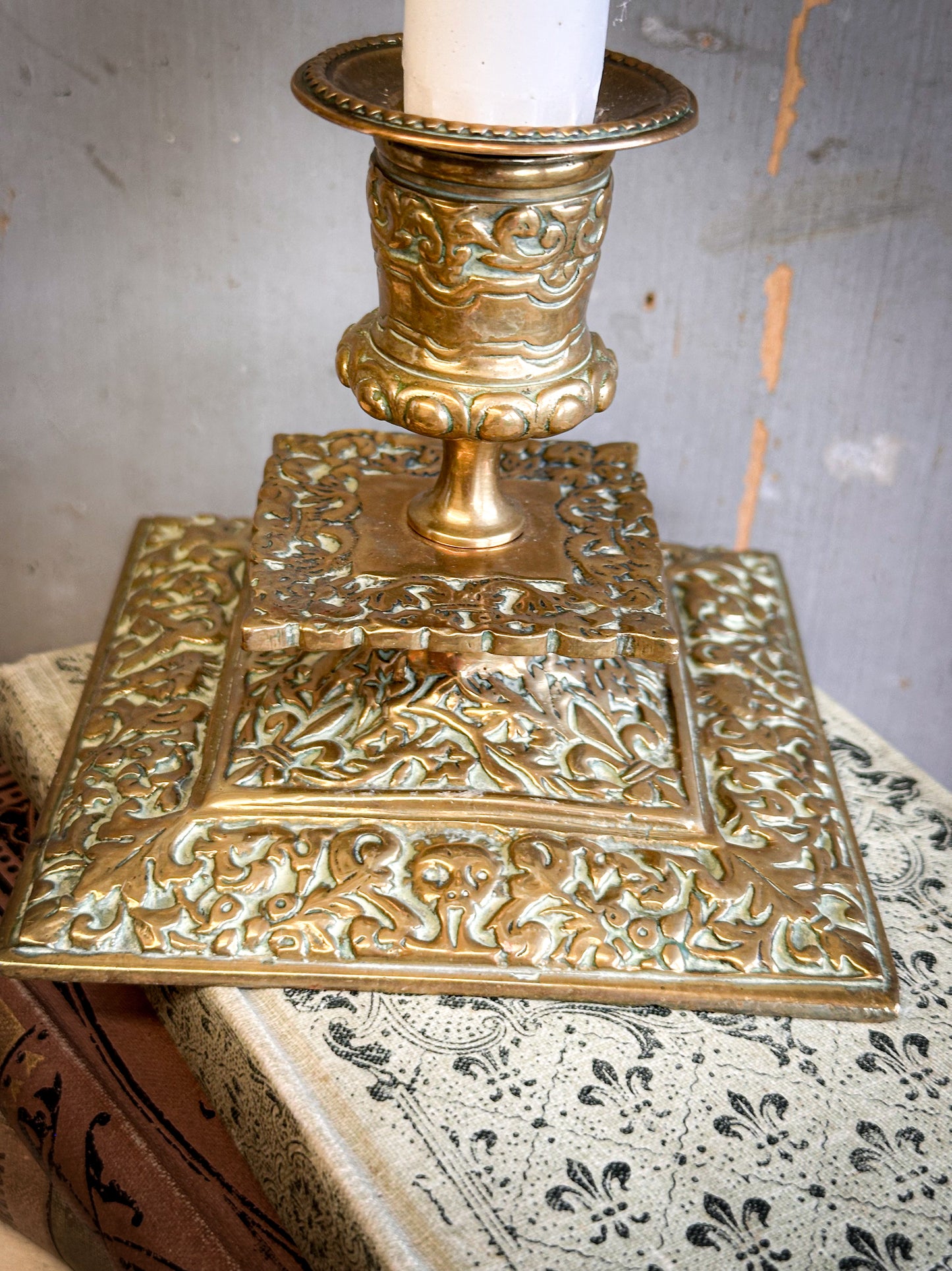 Pair Victorian Aesthetic Movement Brass Candlesticks – Ornate Embossed Square Base c.1900