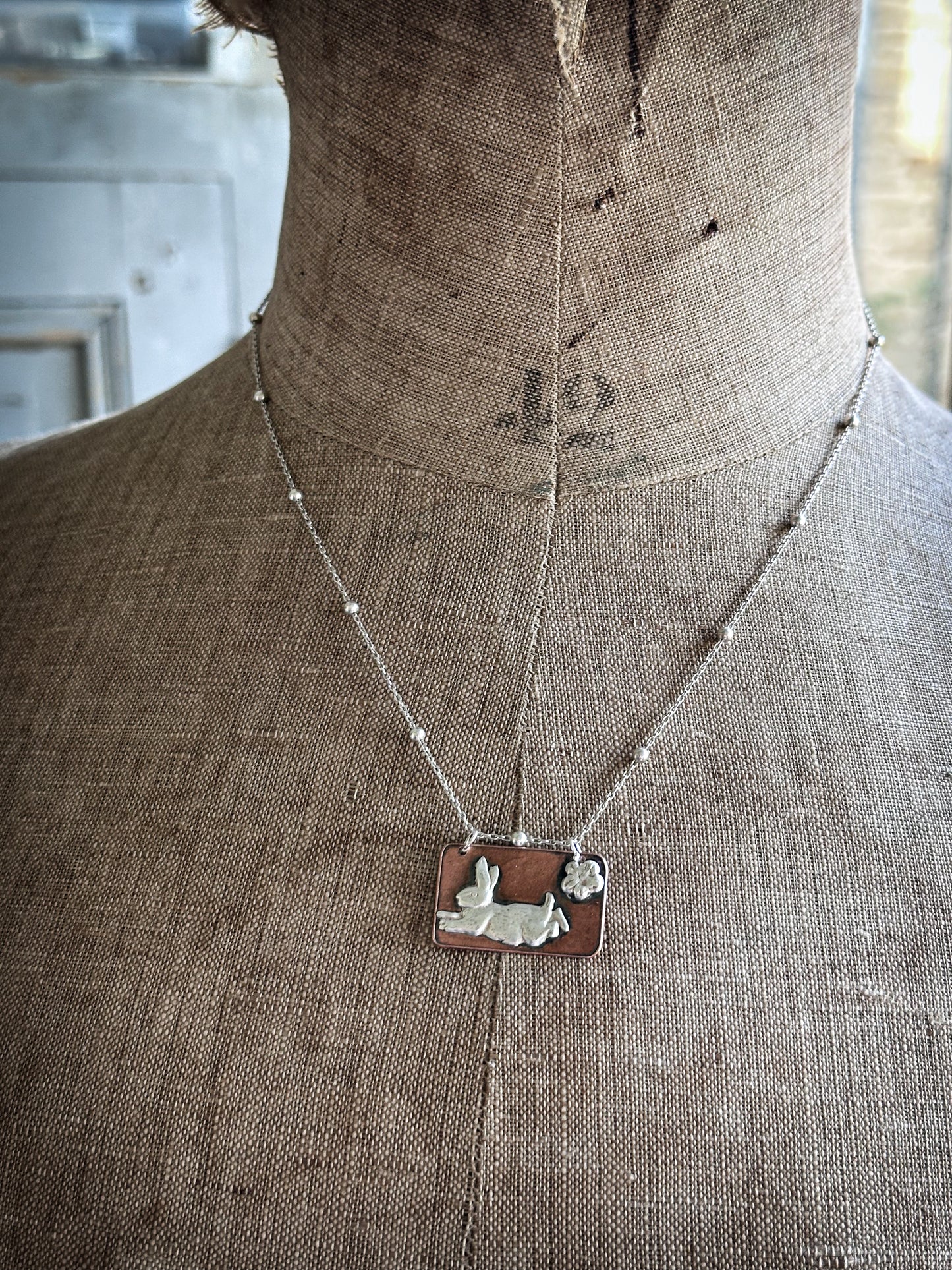 Meadow Rabbit Pendant – Silver & Etched Copper Necklace