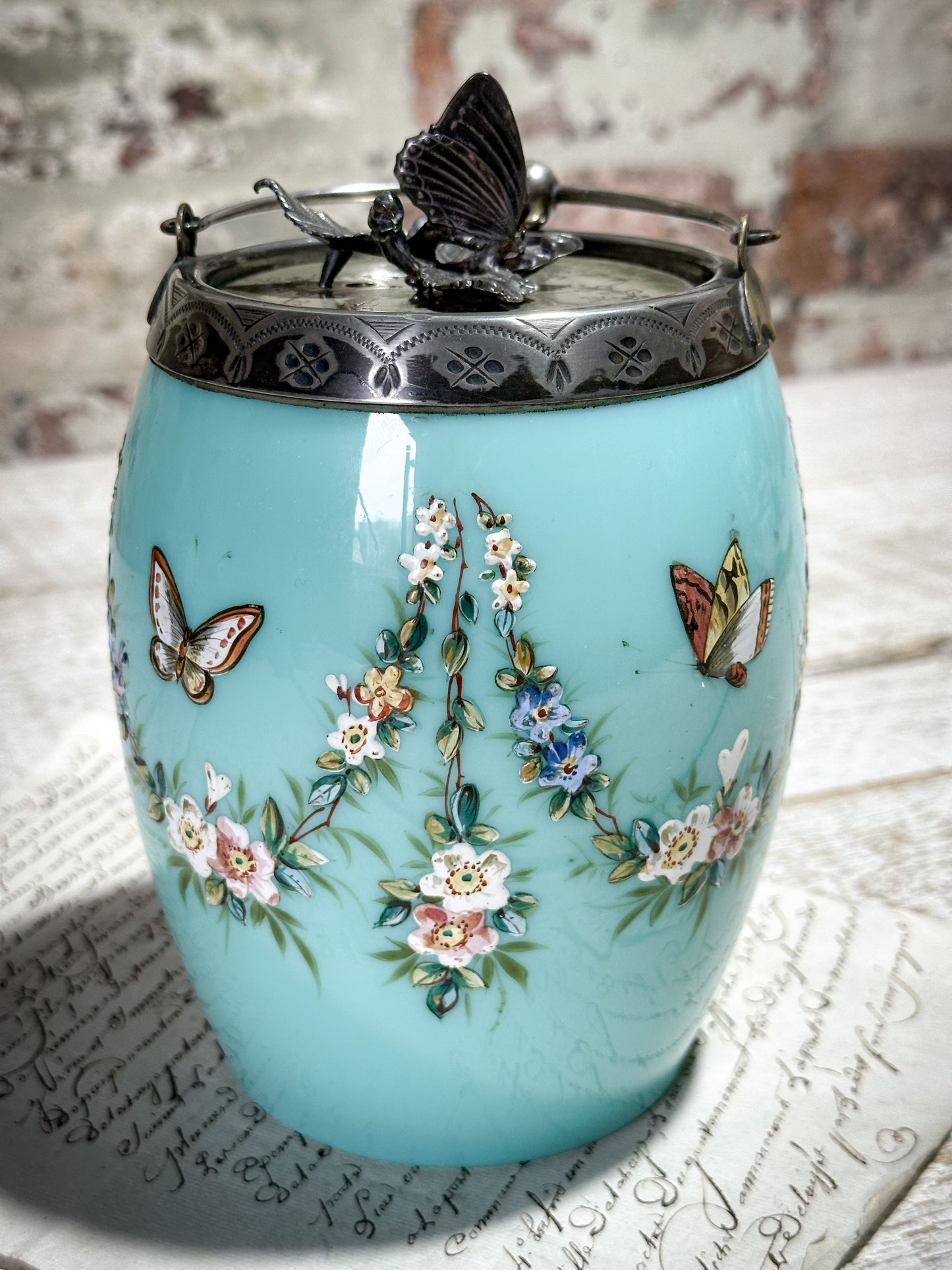 Antique lady’s Enamelled Milk Glass Boudoir Biscuit Barrel