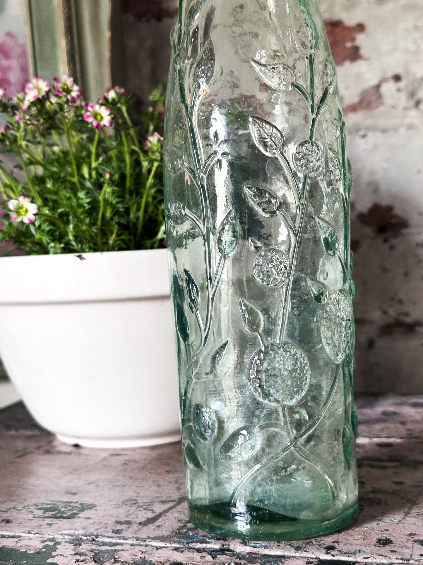 Victorian Rose’s Lime Cordial Bottle – Tall Embossed Floral Aqua Glass