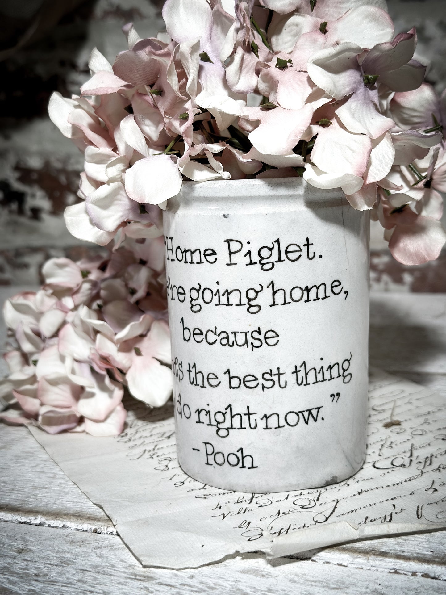 An Antique Jar with a Hand Painted Inspirational Quote