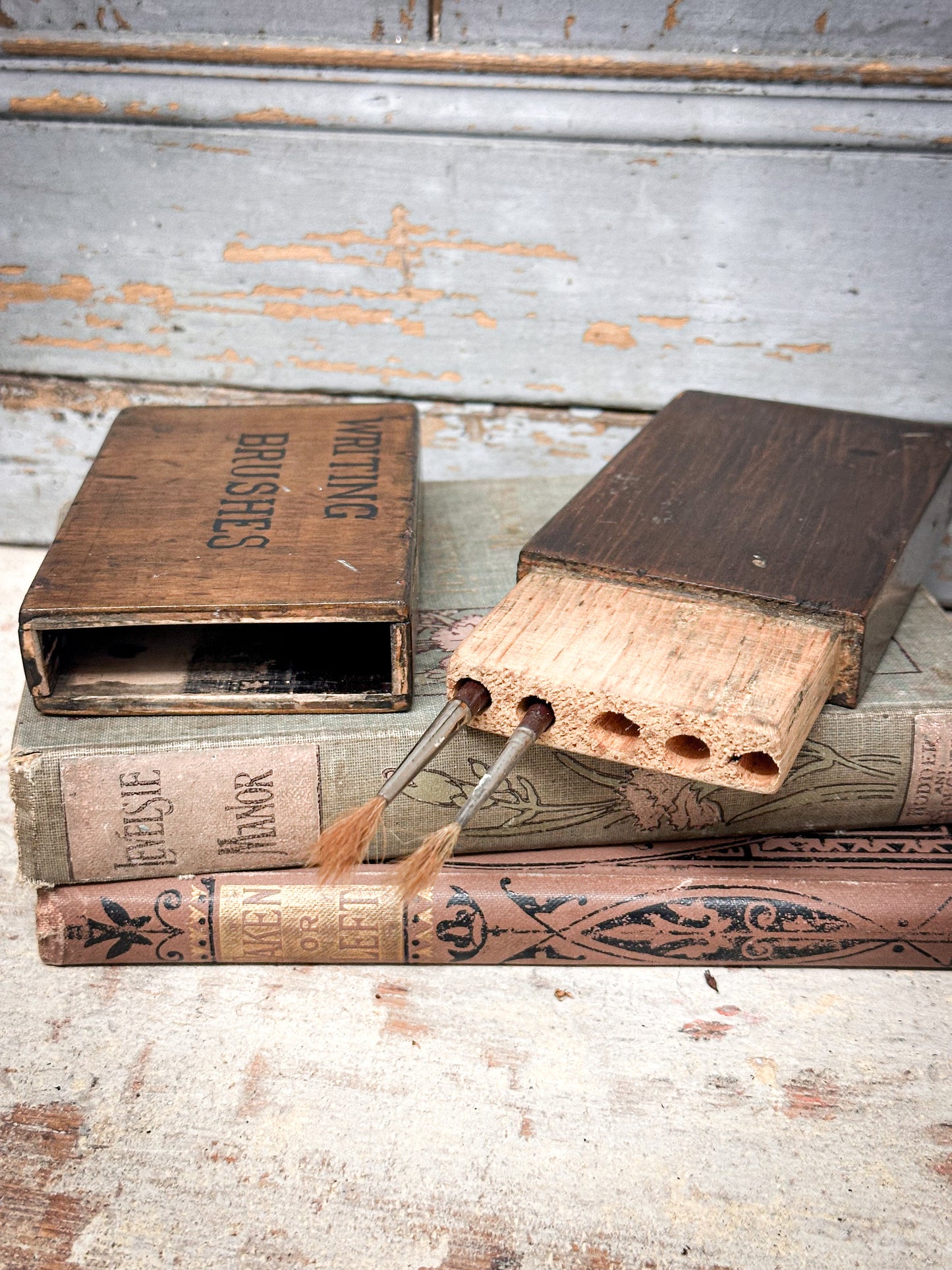 Antique Wooden Writing Brush Box – Hand-Painted Lettering | Typography & Stationery Collectors