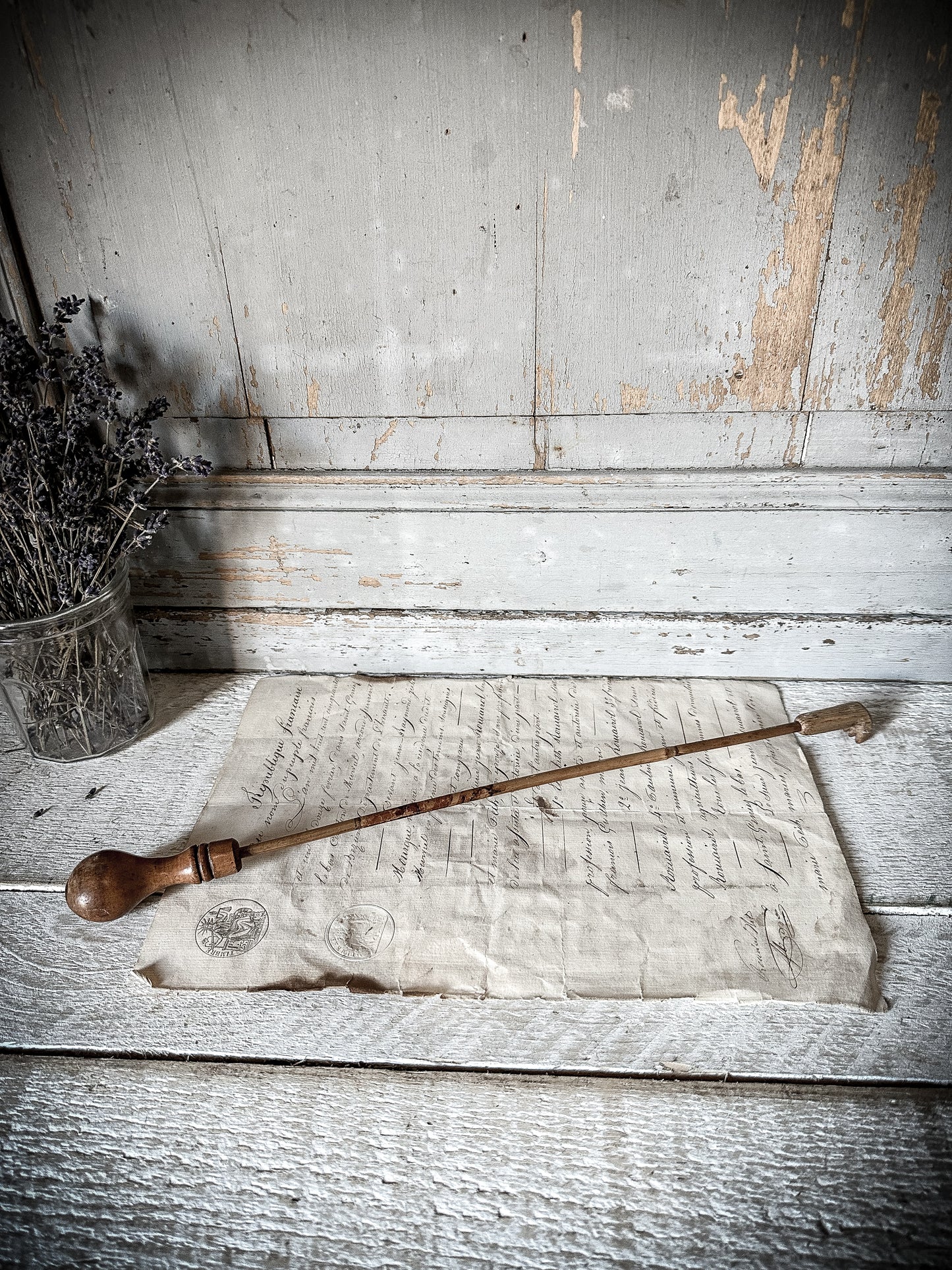 A fruitwood and bamboo antique back scratcher