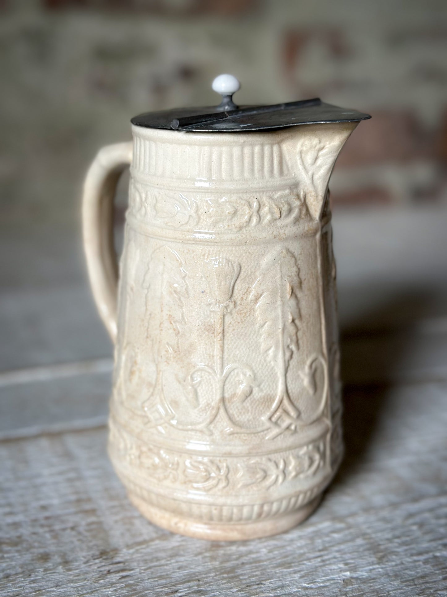 Antique Victorian Creamware Jug with Original Self-Closing Pewter Patent Lid