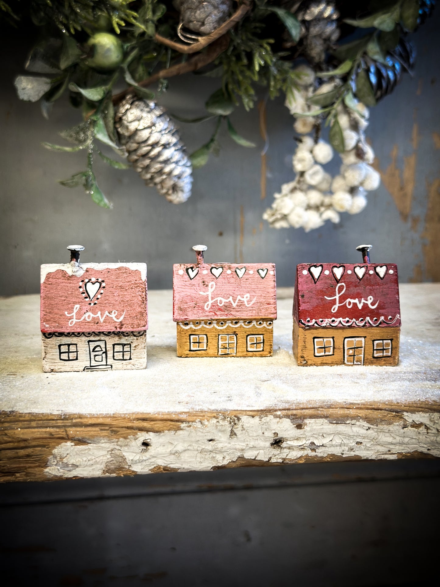 A Pretty Vintage German Erzgebirge Putz Wooden Village House “Love”