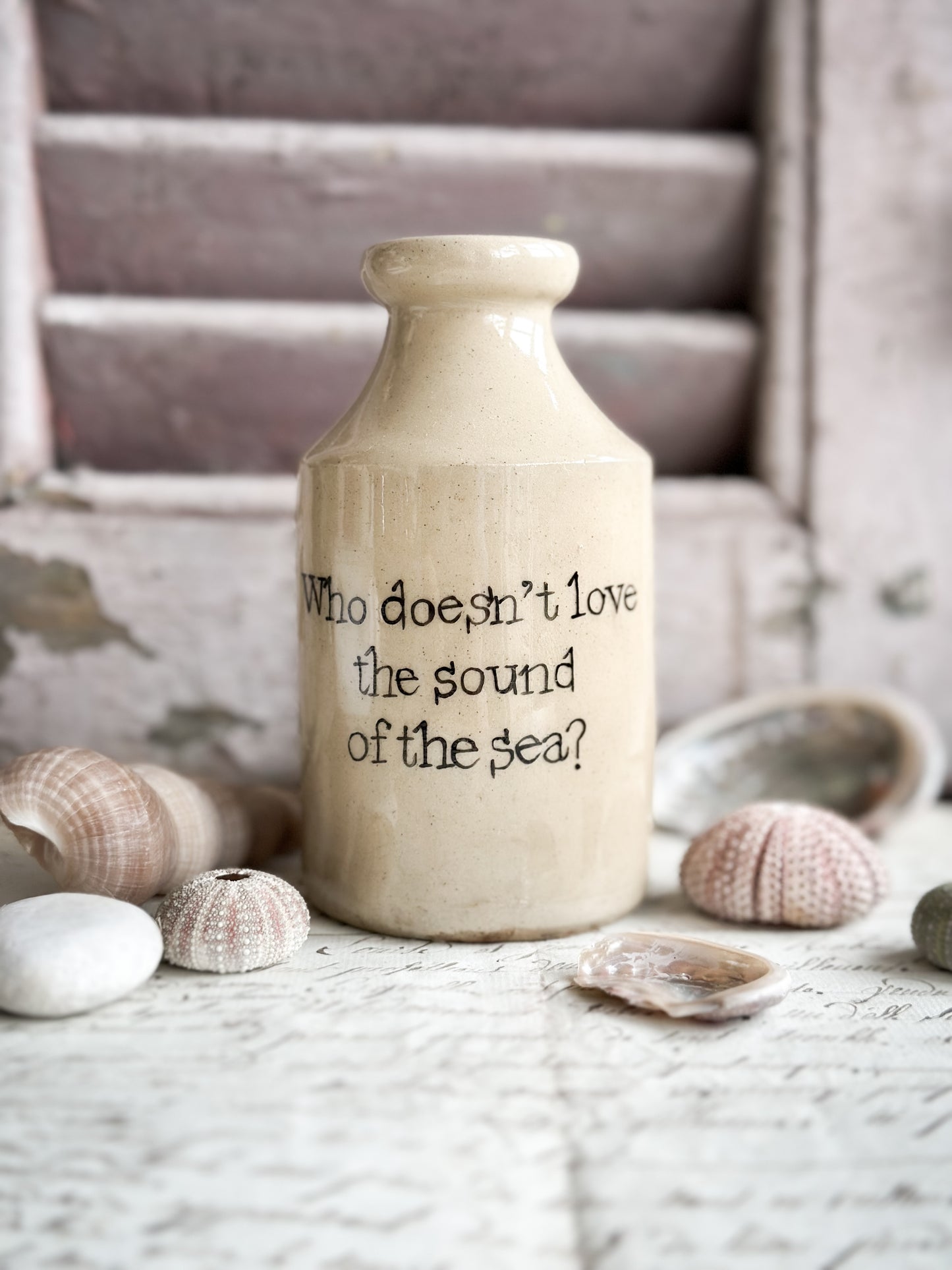 A Victorian unearthed stoneware pottery bottle with a hand painted quote