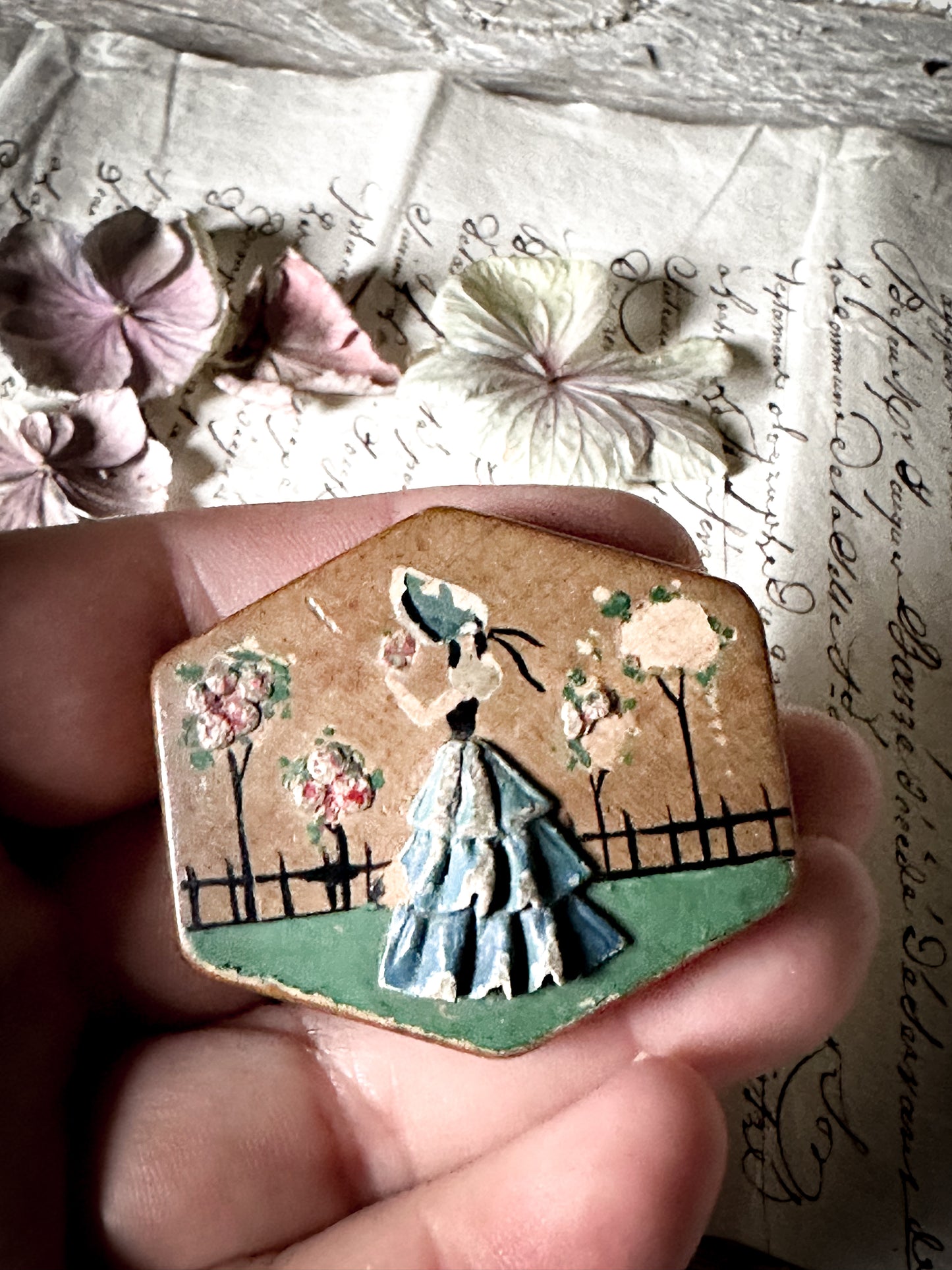 Pretty 1930’s carved wooden Crinoline lady hand painted brooch