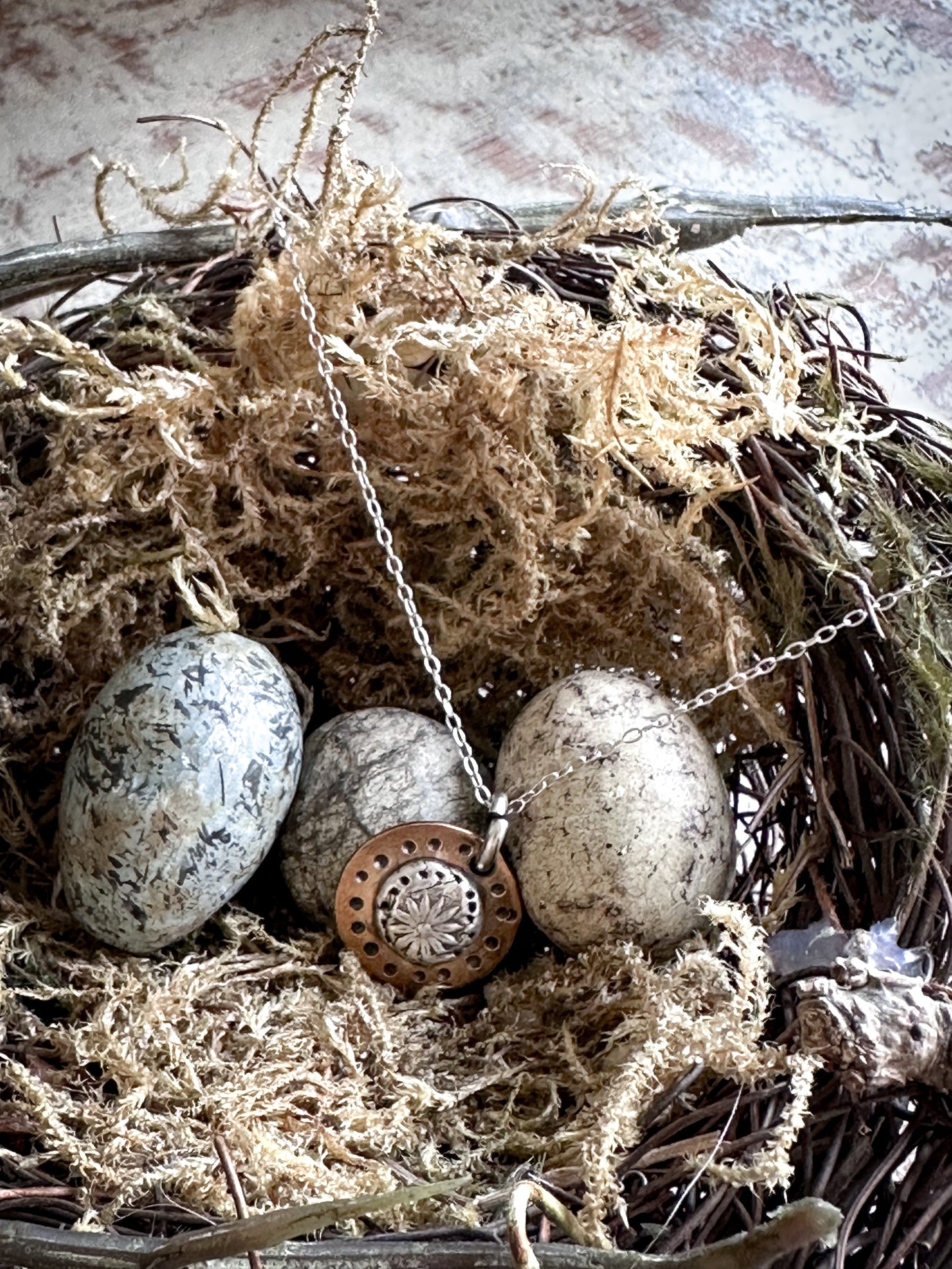 Moon Garden Medallion – Fine Silver Botanical Sprig on Hand-Stamped Copper