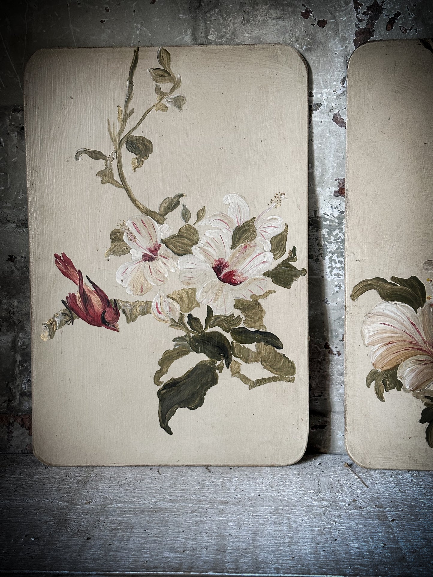 A Beautiful pair of Painted Panels with Hibiscus Flowers and Birds