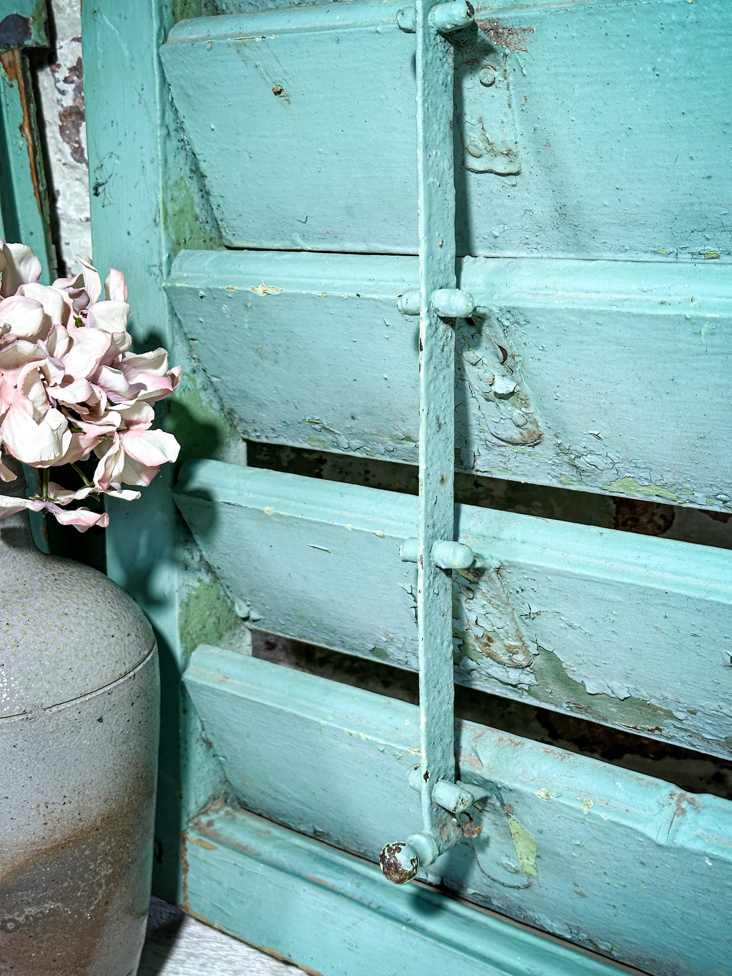 A Pair of French Green Chippy Painted Shutters