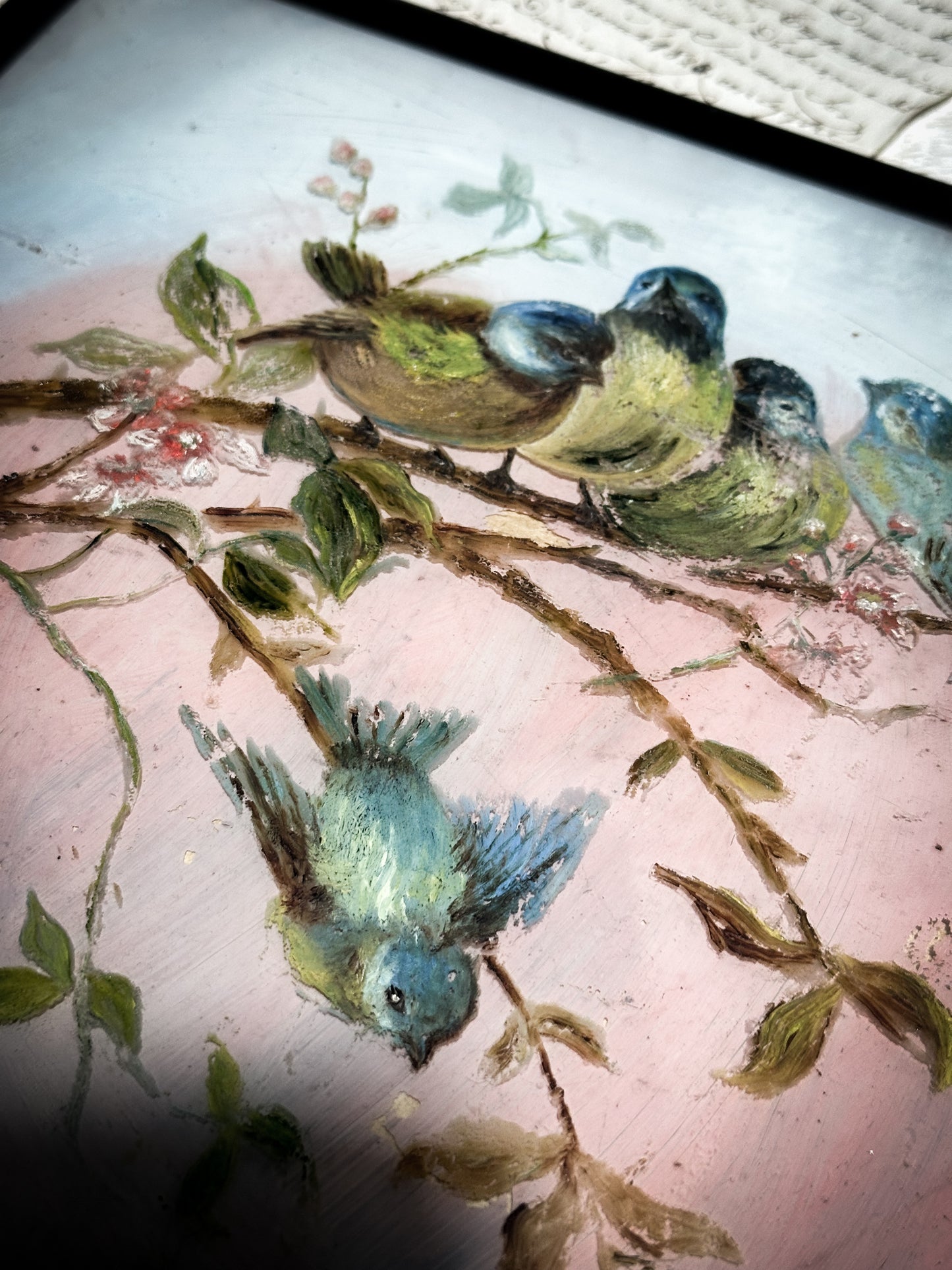 A Victorian Back Painted Glass Painting of Blue Tits