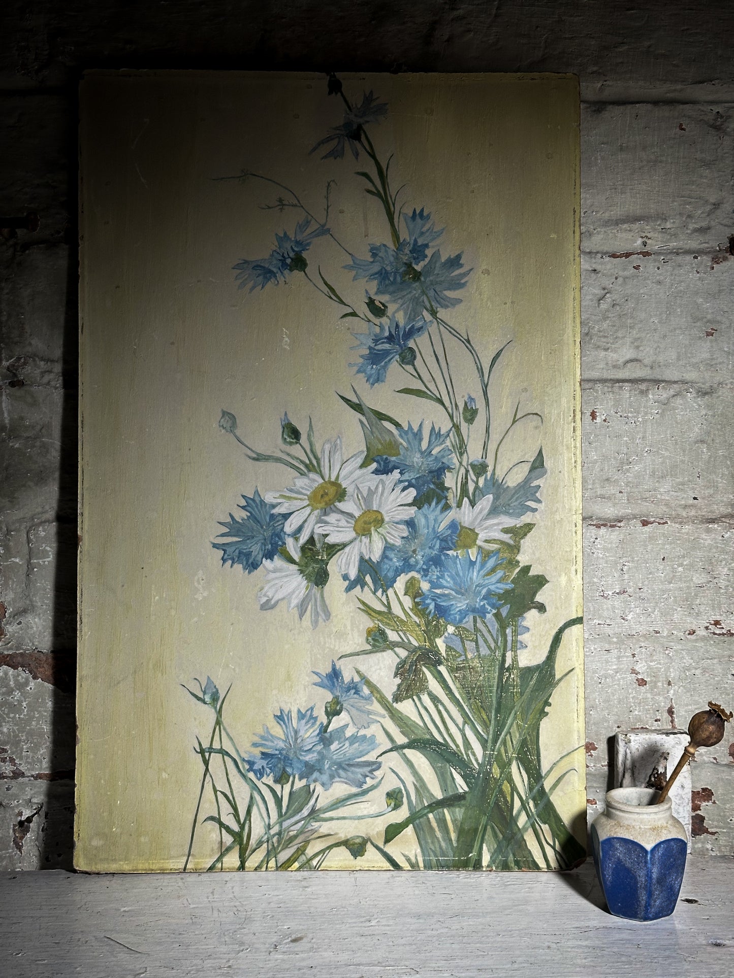 A Vintage oil on board painting of Daisies and Cornflowers