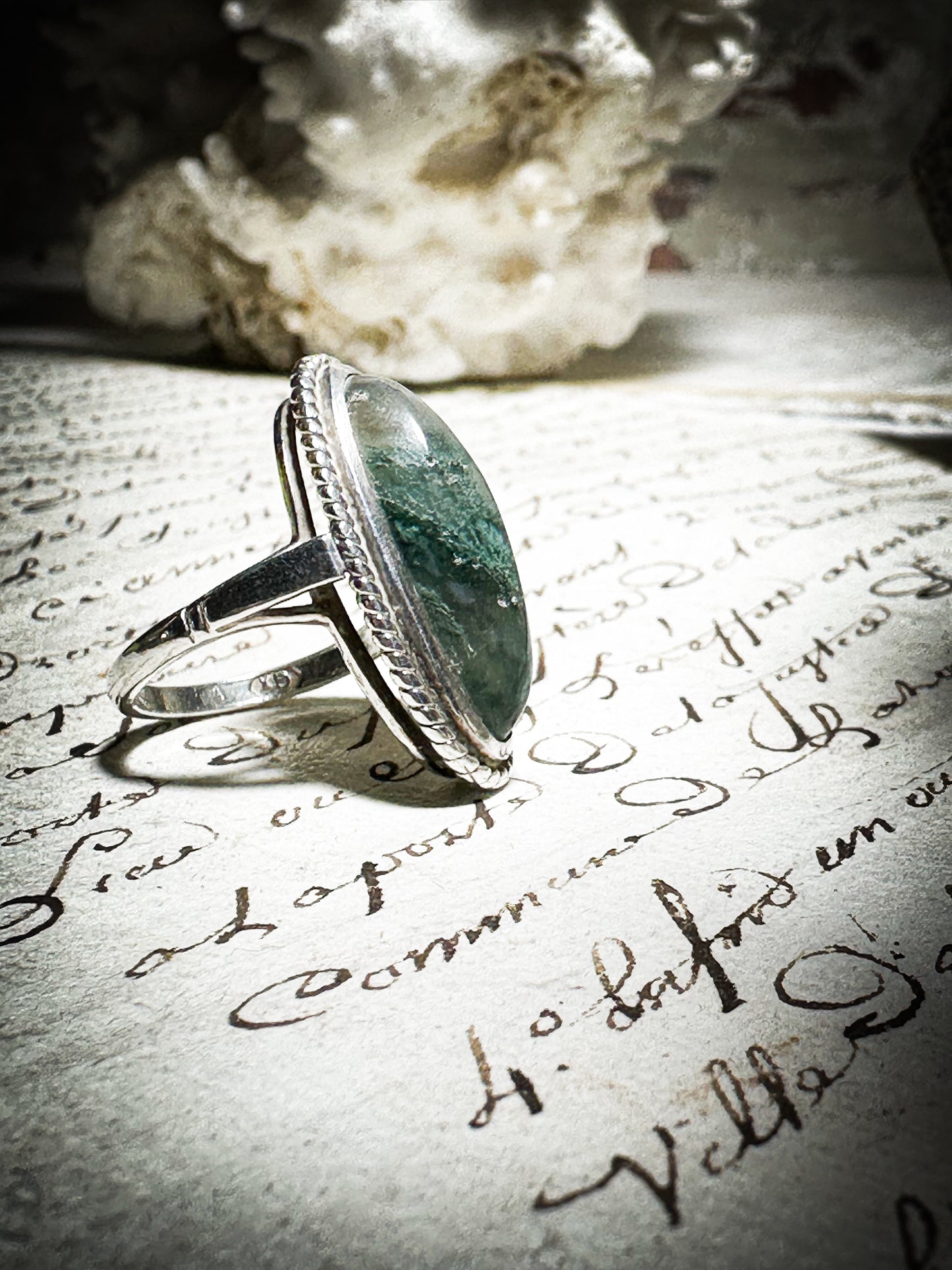 Vintage Hallmarked Silver Oval Moss Agate Ring