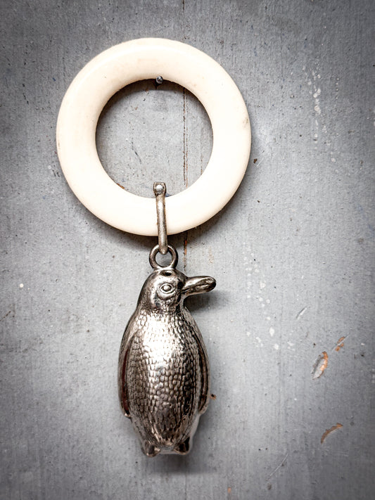 Vintage Baby Teething Ring with Silver Plated Penguin Rattle – Nursery Keepsake