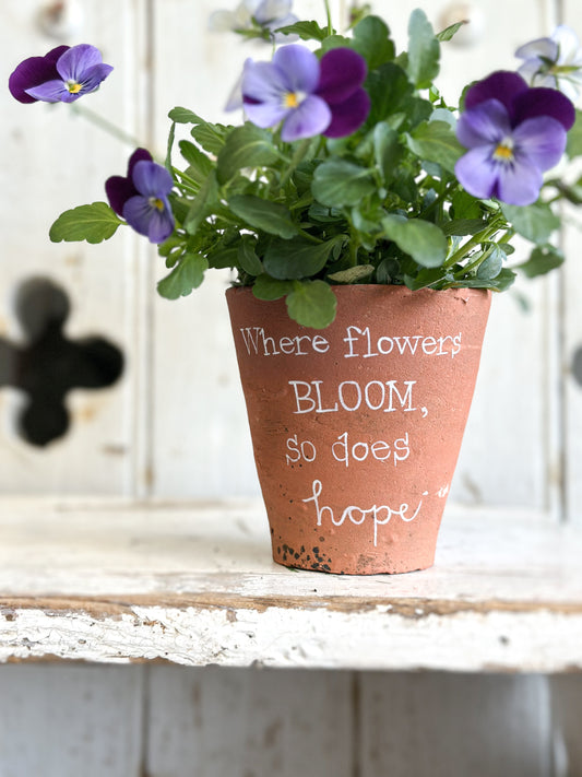 “Where Flowers Bloom” Terracotta Plant Pot