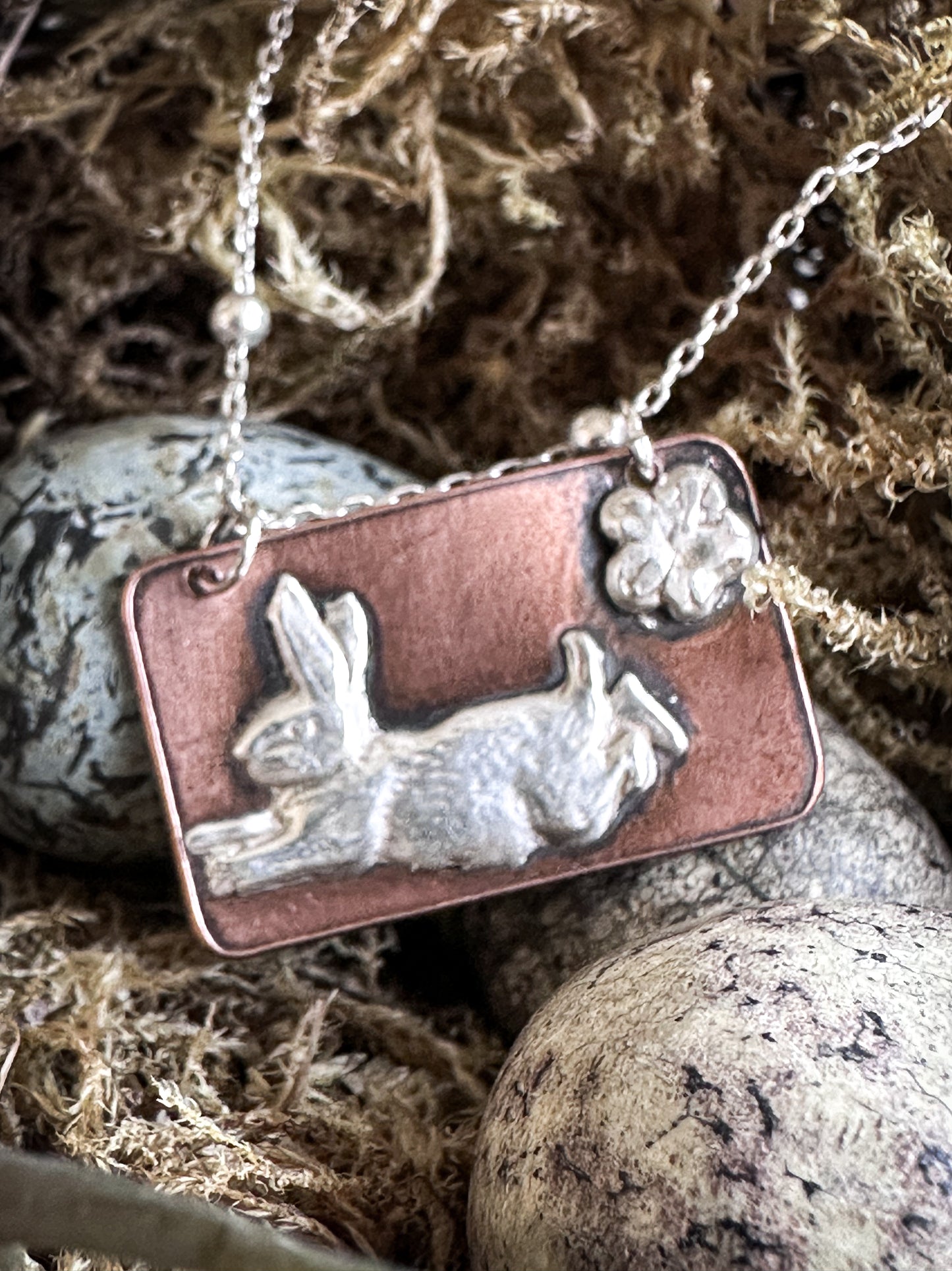 Meadow Rabbit Pendant – Silver & Etched Copper Necklace