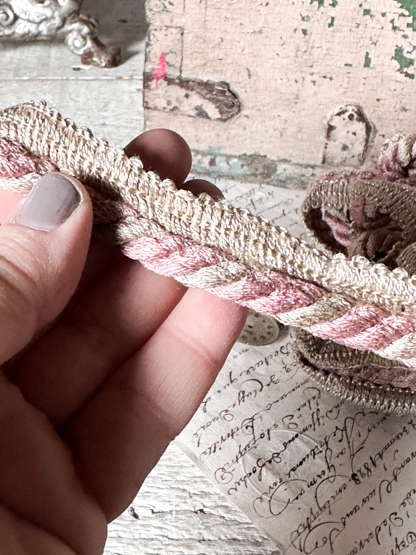 Vintage French Passementerie Trim – Pink and Cream Silk Braid with Original Paper Wrap