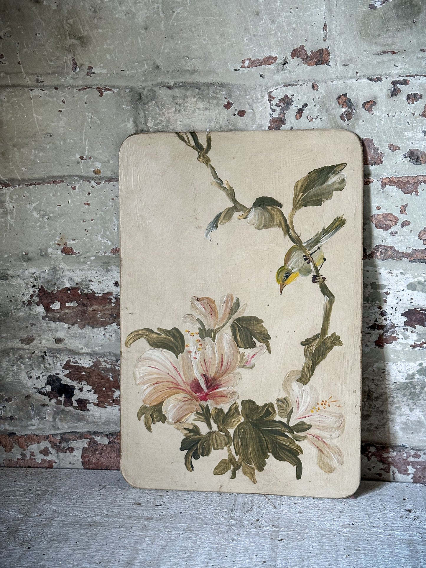 A Beautiful pair of Painted Panels with Hibiscus Flowers and Birds