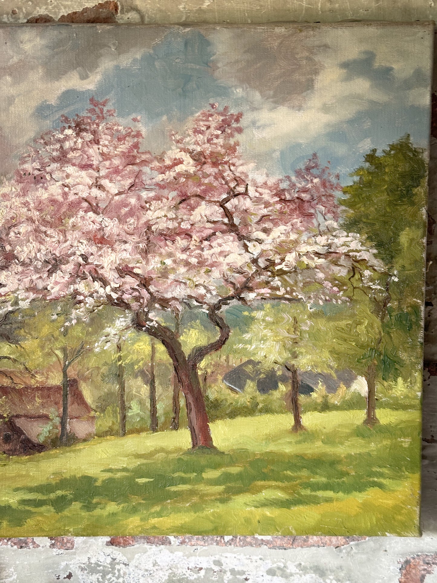 A lovely French Vintage oil on canvas painting of a Spring landscape