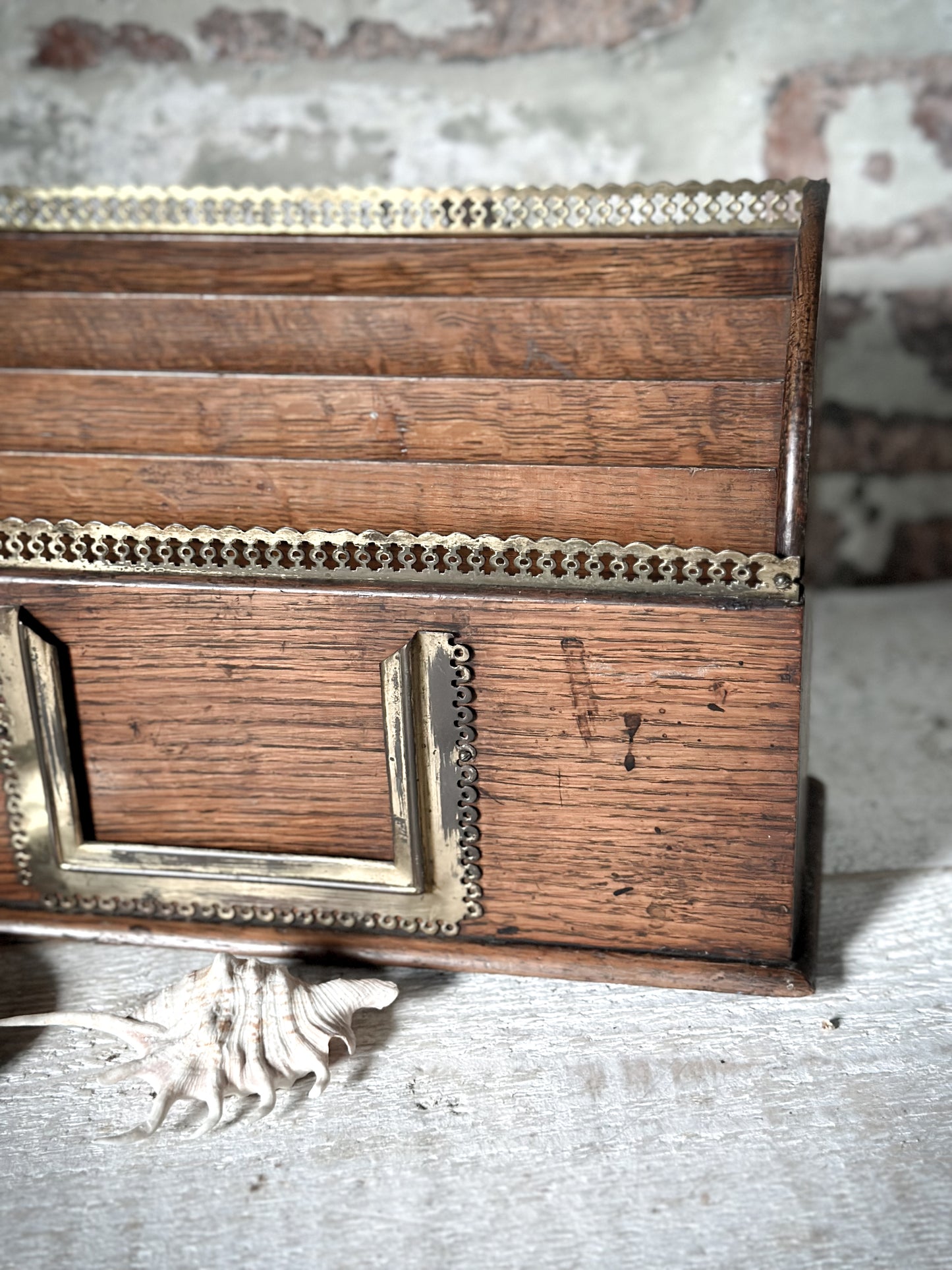 Victorian Oak Letter Rack with brass fretwork