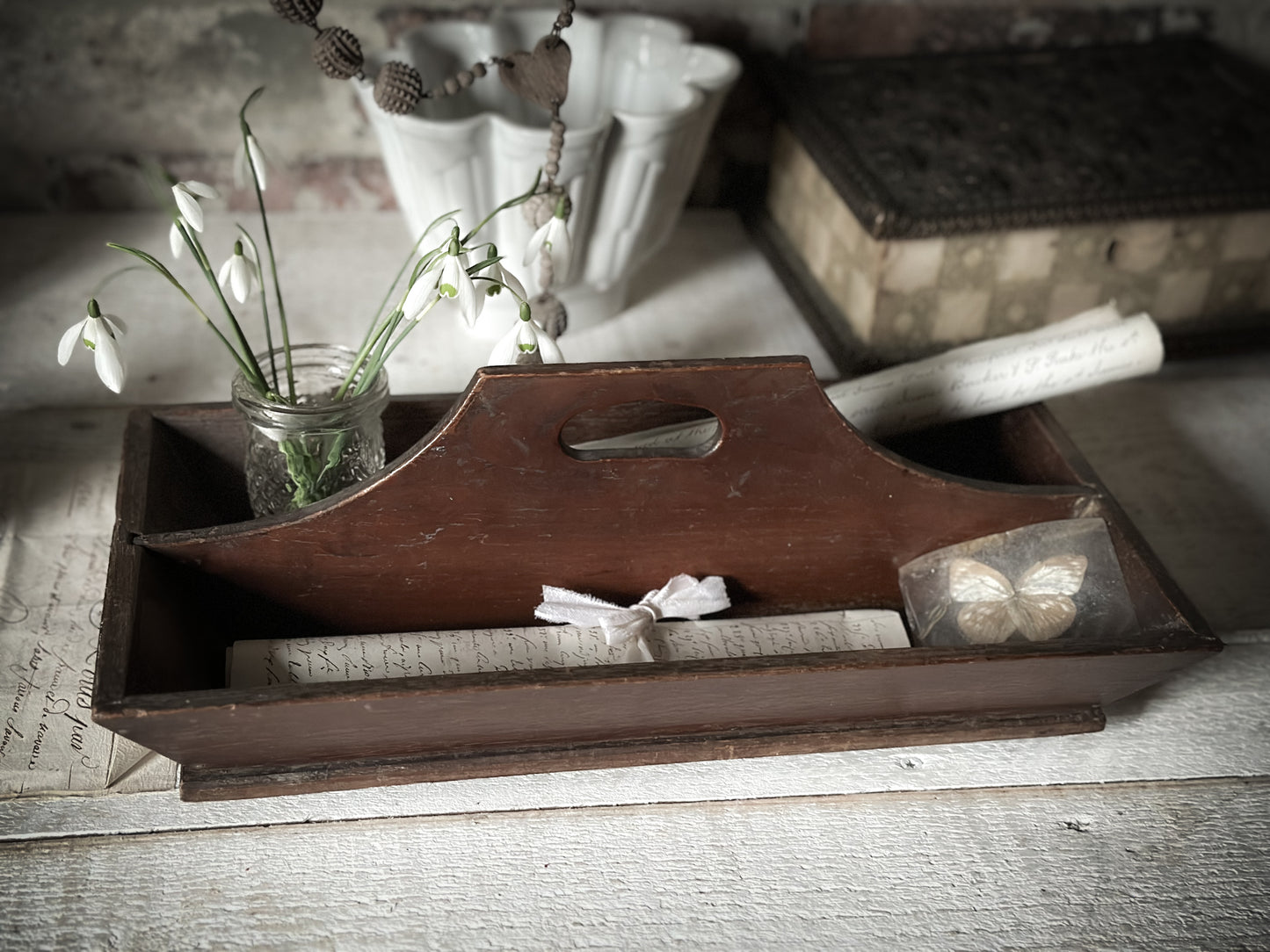 A stunning antique, Edwardian mahogany canteen tray, trug, work box