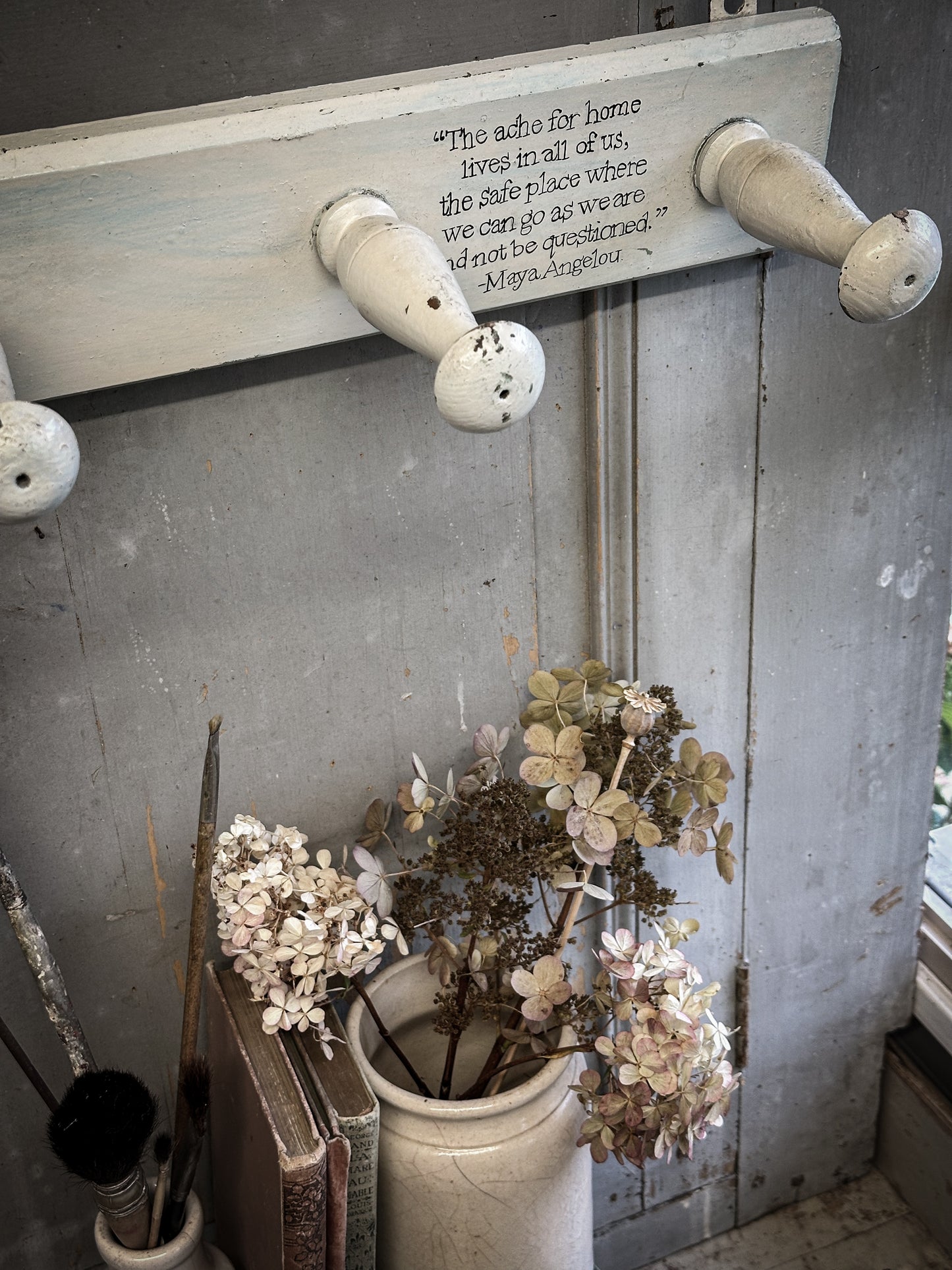 A Vintage Wooden French Coat Peg With Hand Painted Quote