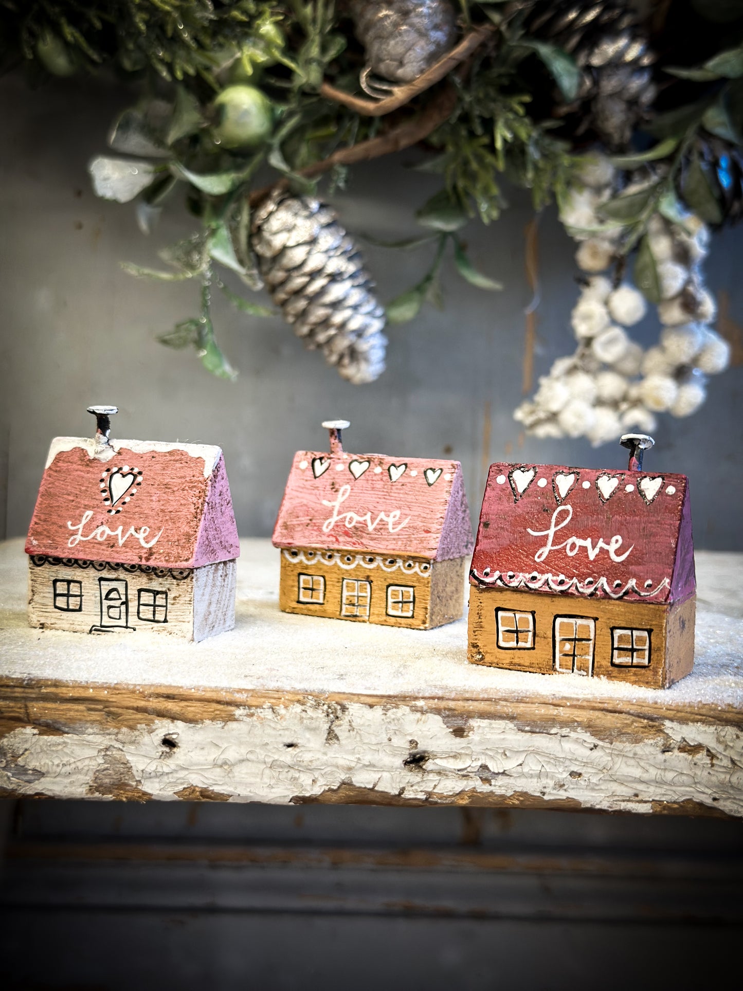 A Pretty Vintage German Erzgebirge Putz Wooden Village House “Love”