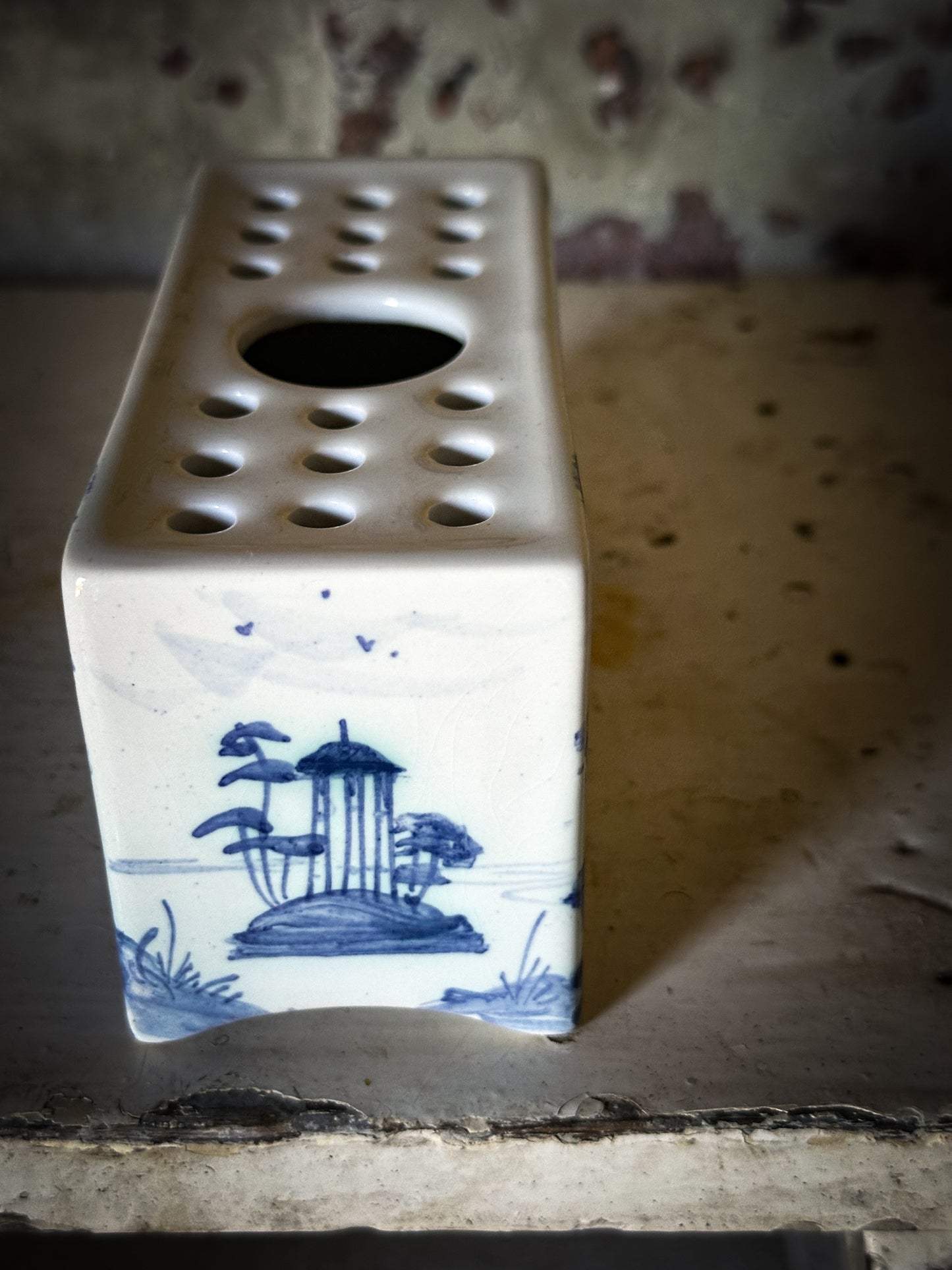 A beautiful Isis by Deborah seers Oxford, blue and white flower brick, tulipiere, flower frog, blue and white tin glaze vase