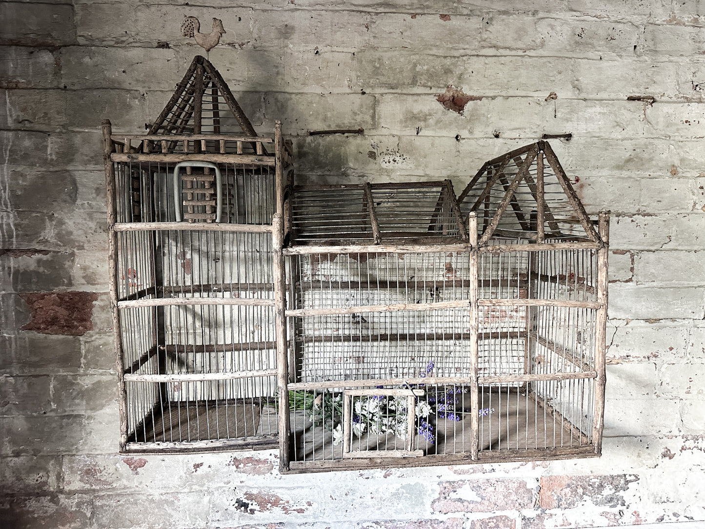 A French Primitive scratch built Bird Palace, Bird cage in the style of a Chateau