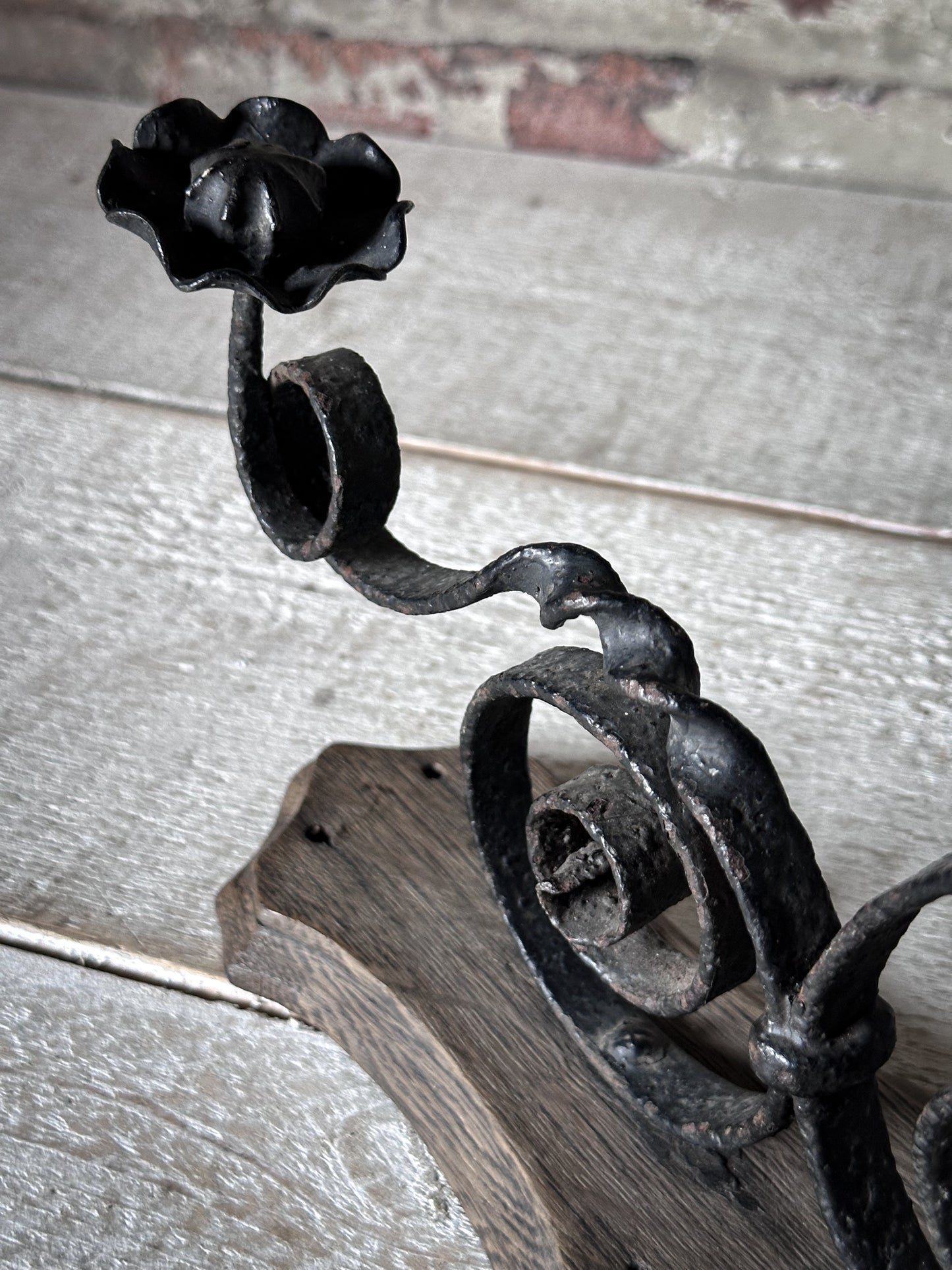 Antique Hand-Forged Wrought Iron Wall Bracket | Folk Art Scrollwork Hook on Wooden Backplate