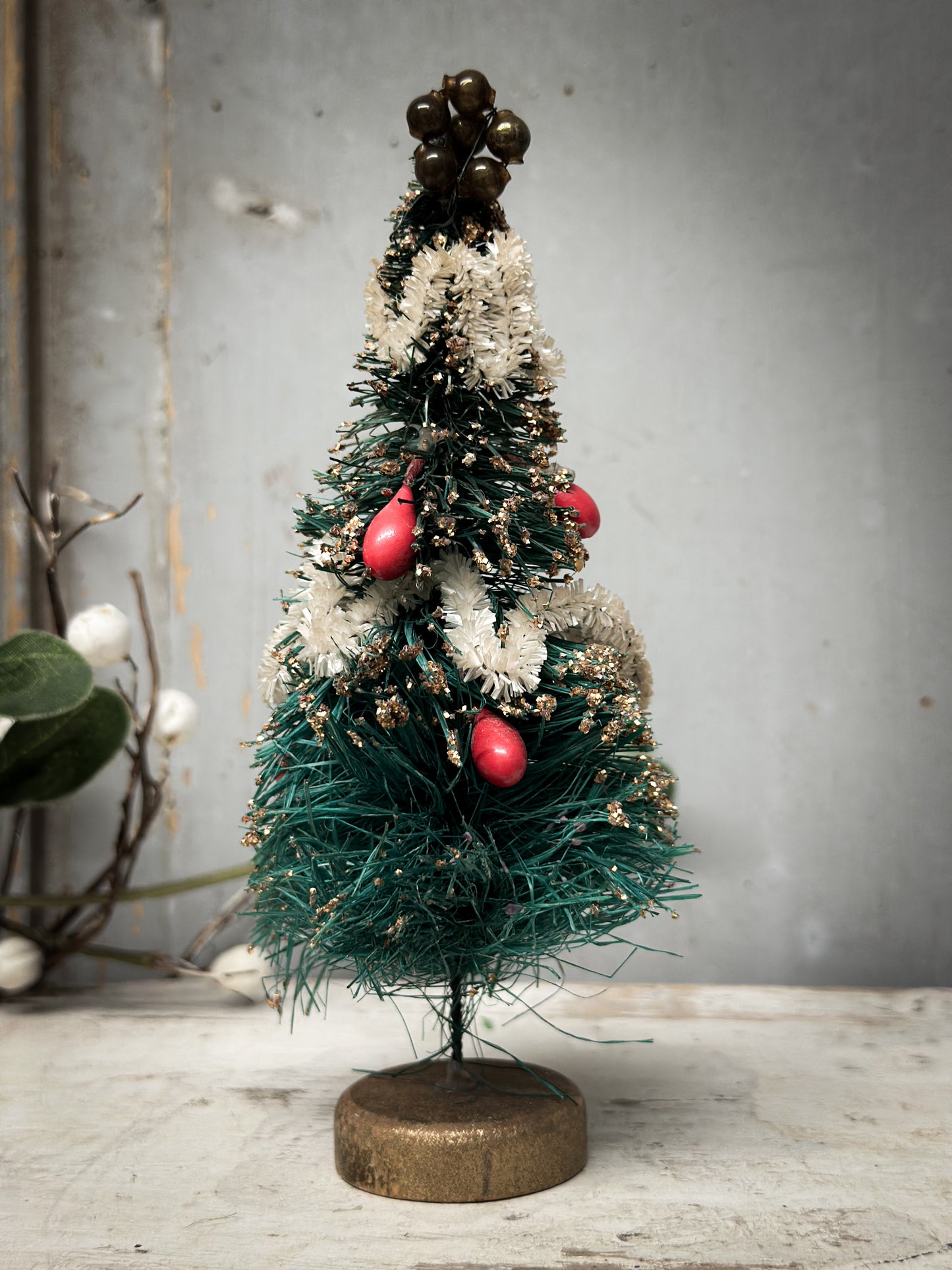 A Pair of Mid-Century Japanese Bottle-Brush Christmas Trees with Baubles – c.1950s–60s
