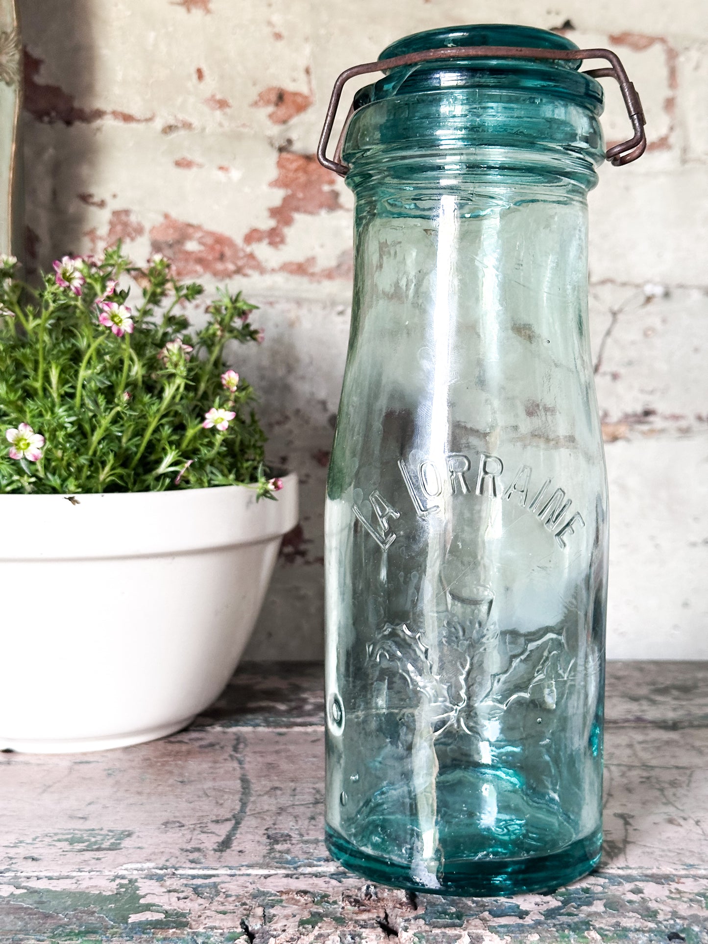 Vintage French Glass Jar – “La Lorraine” Aqua Storage Jar with Lid