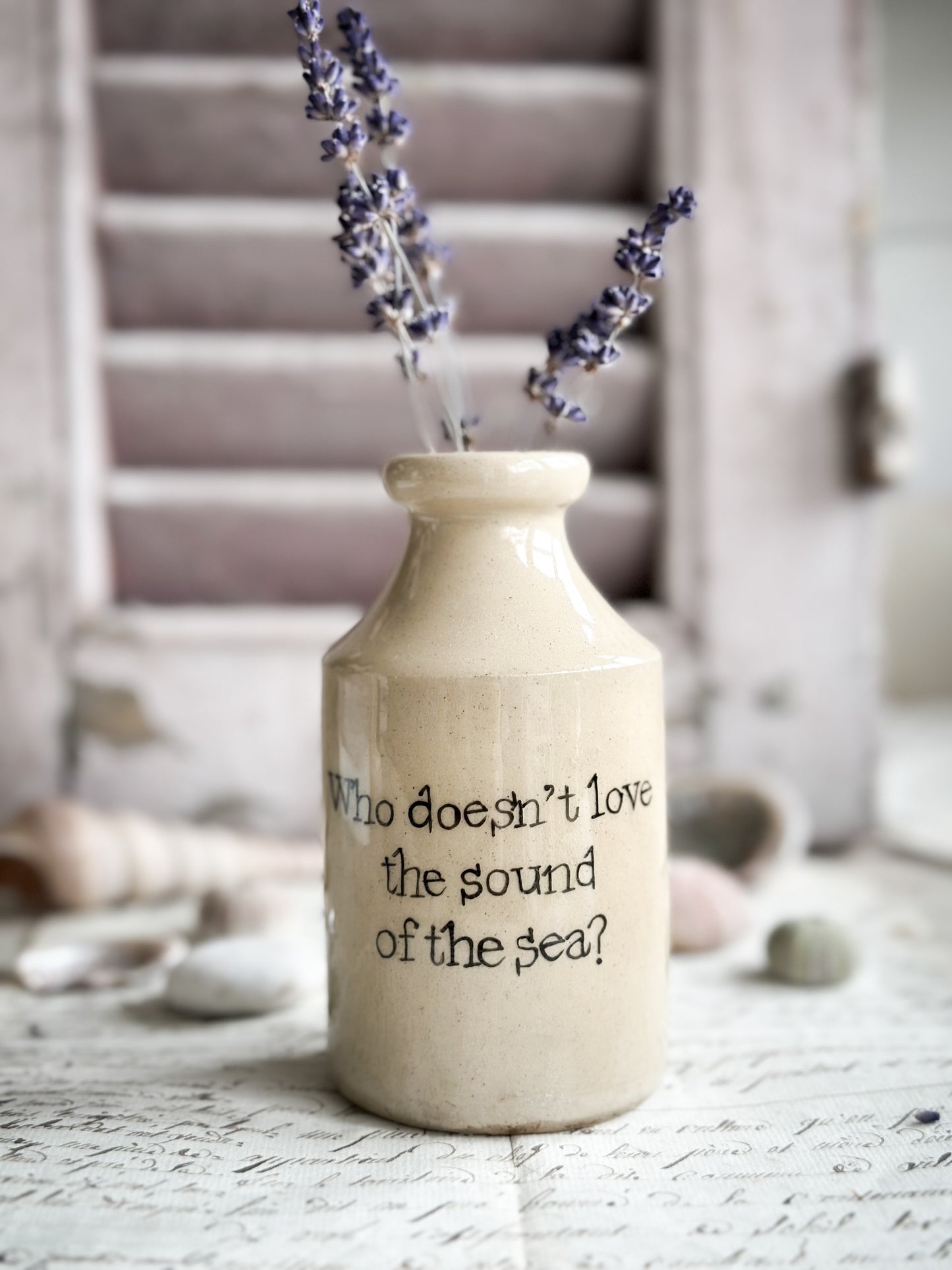 A Victorian unearthed stoneware pottery bottle with a hand painted quote