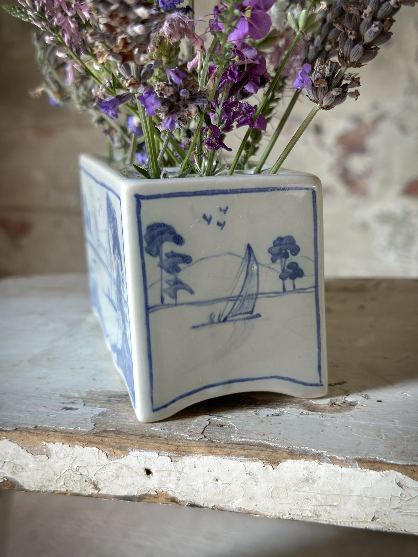 A beautiful Isis by Deborah seers Oxford, blue and white flower brick, tulipiere, flower frog, blue and white tin glaze vase