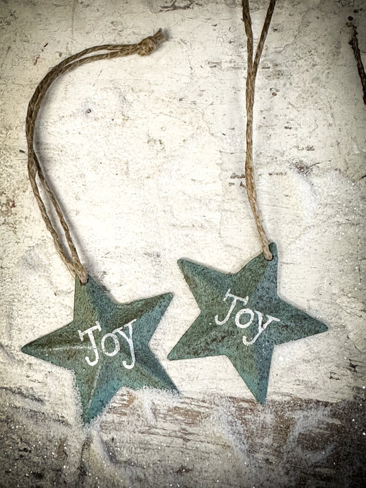 A Mini Turquoise Tin Barn Star Christmas Decoration “Joy”