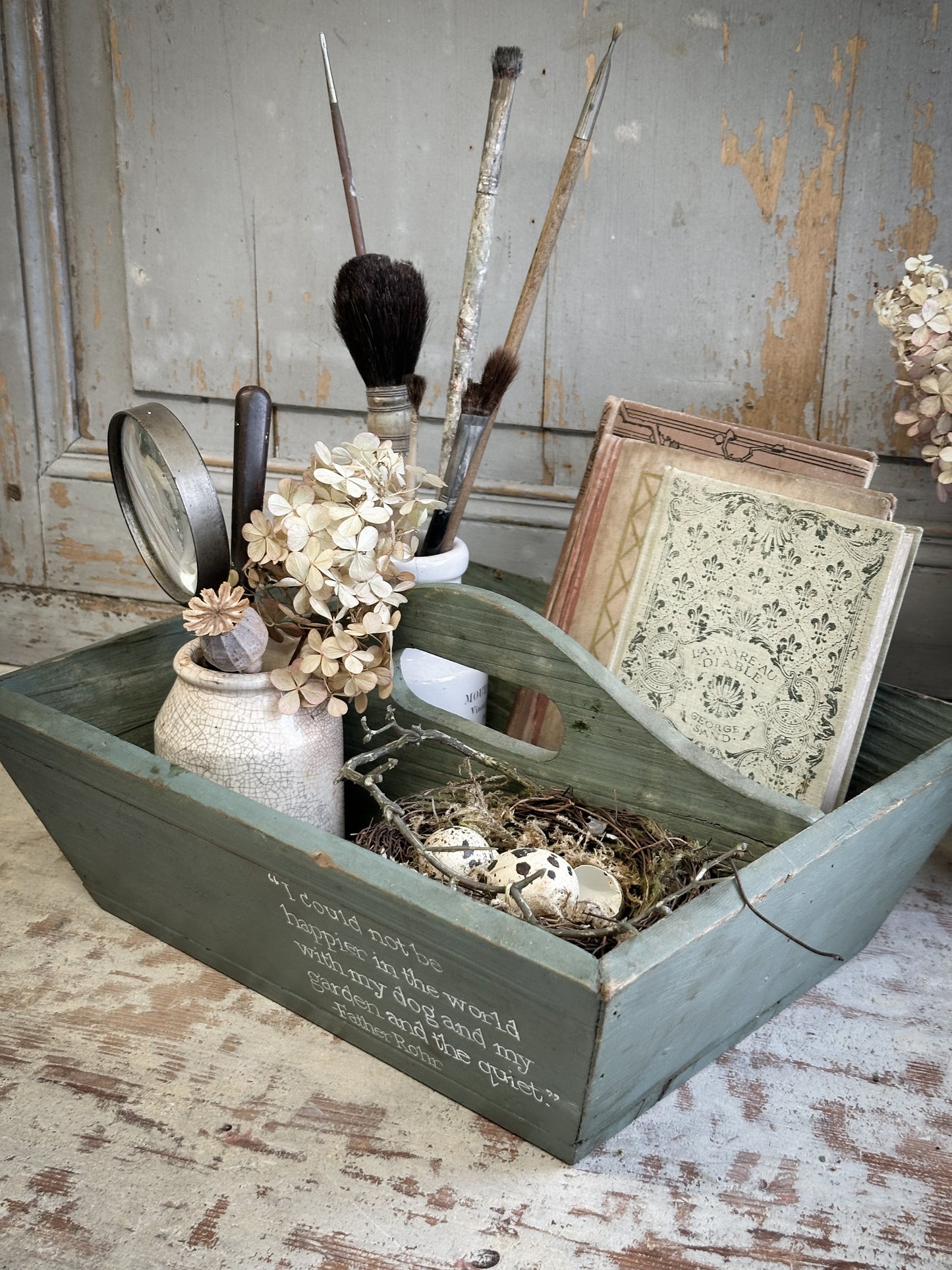 A Vintage Chippy Paint Wooden Trug With Garden Quote