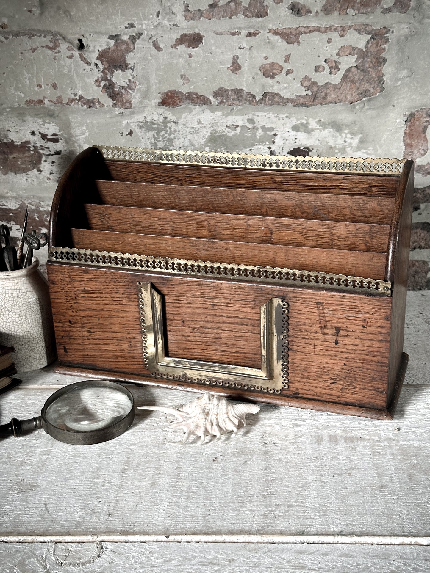 Victorian Oak Letter Rack with brass fretwork